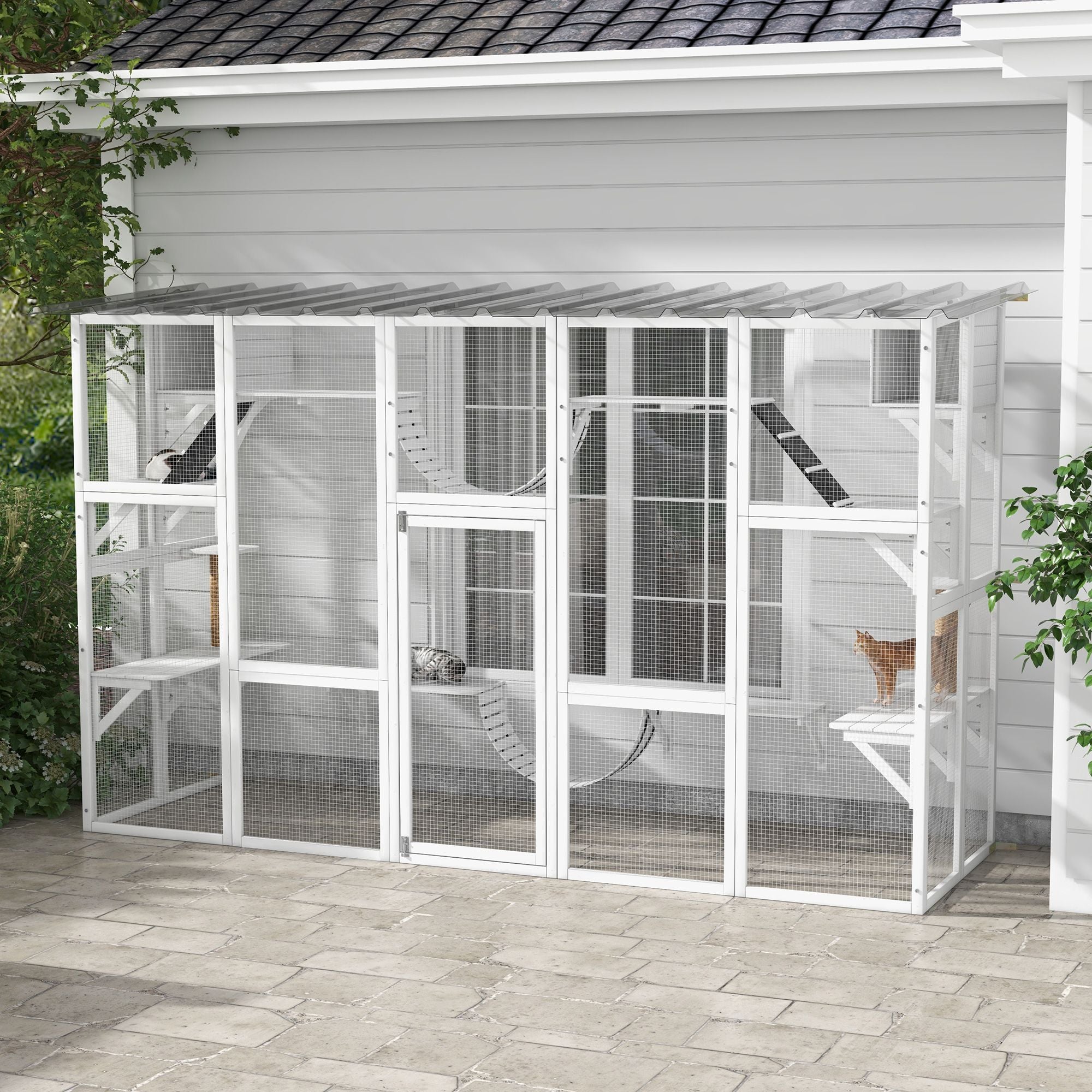 furniture-style Catio Window Box Enclosure with Roof, Shelves & Bridges for Outdoor Cat Play