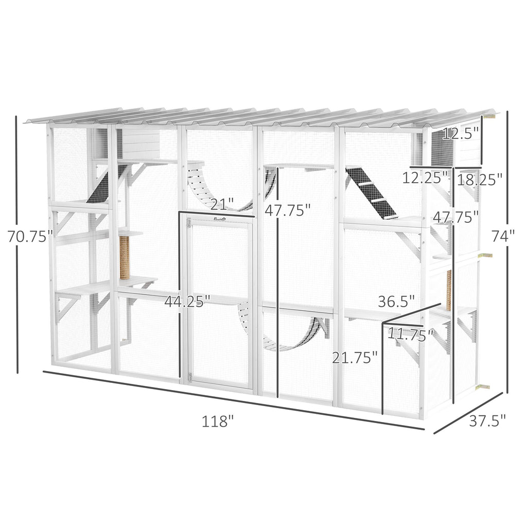 furniture-style Catio Window Box Enclosure with Roof, Shelves & Bridges for Outdoor Cat Play