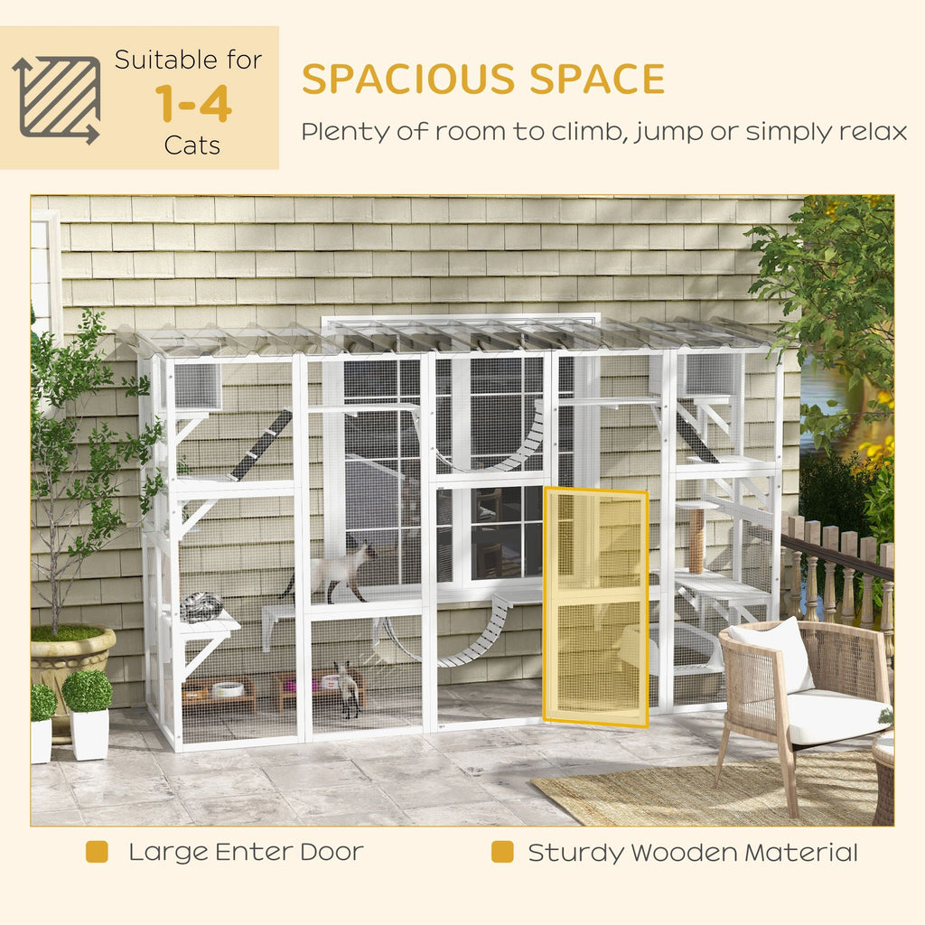 furniture-style Catio Window Box Enclosure with Roof, Shelves & Bridges for Outdoor Cat Play