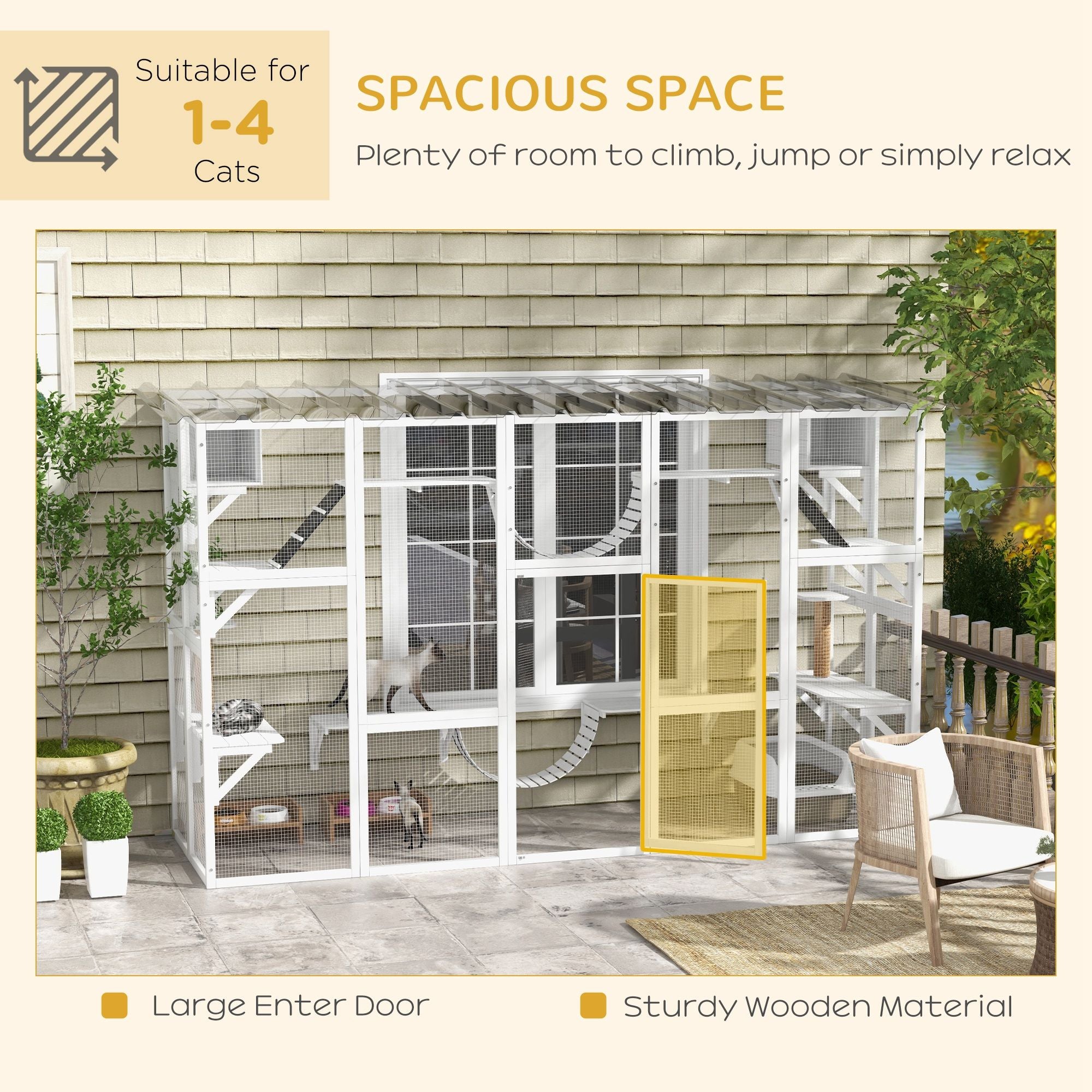 furniture-style Catio Window Box Enclosure with Roof, Shelves & Bridges for Outdoor Cat Play