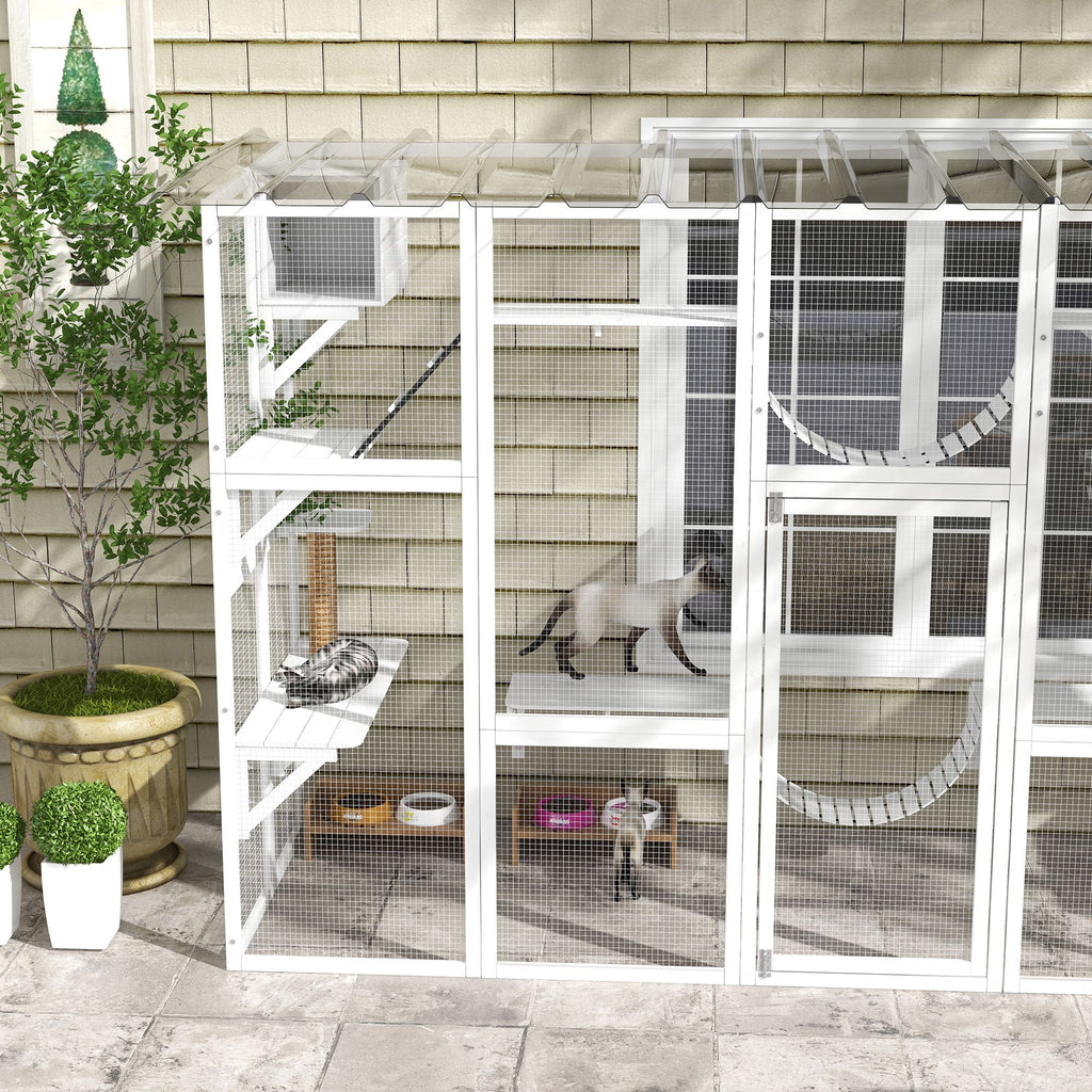 furniture-style Catio Window Box Enclosure with Roof, Shelves & Bridges for Outdoor Cat Play