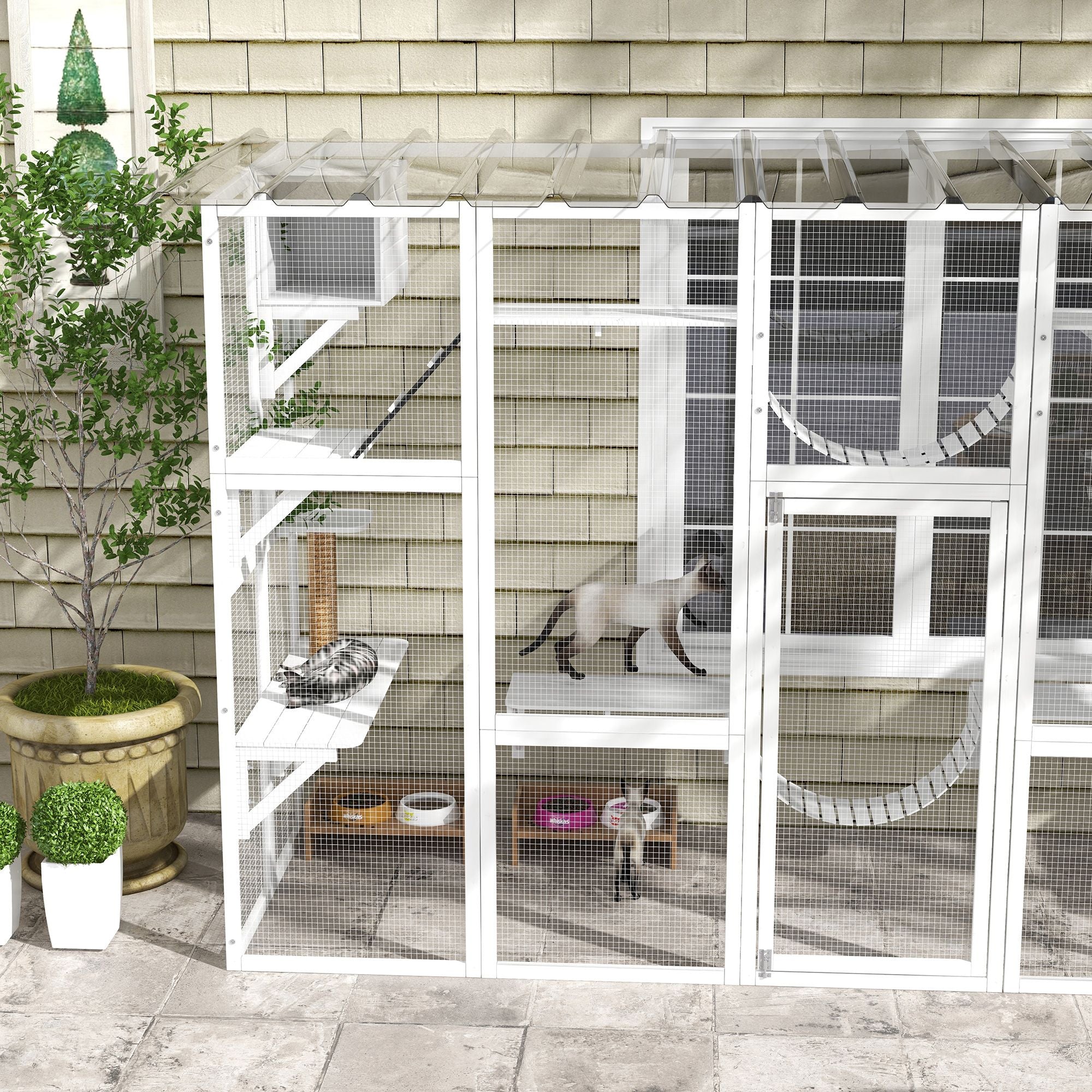 furniture-style Catio Window Box Enclosure with Roof, Shelves & Bridges for Outdoor Cat Play