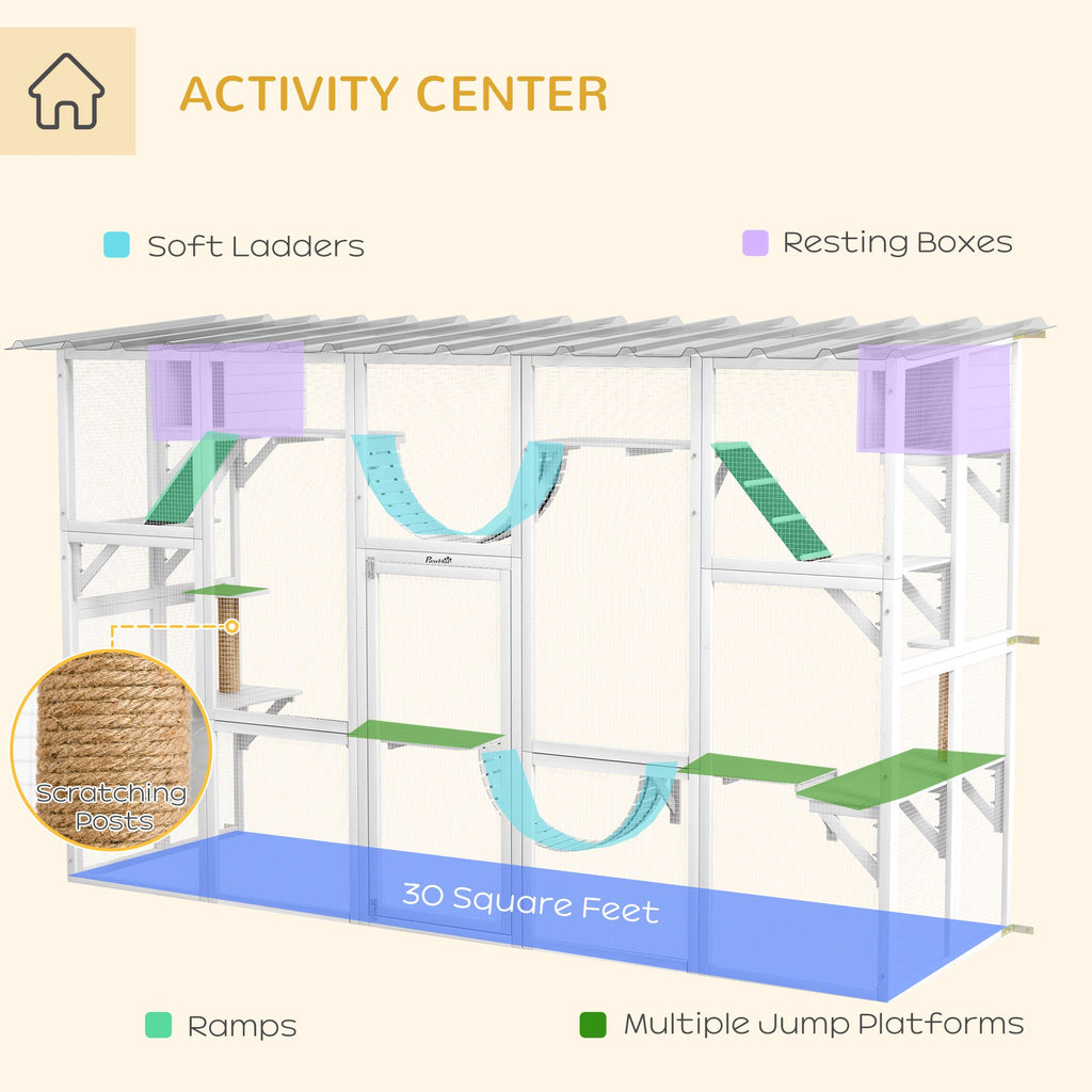 furniture-style Catio Window Box Enclosure with Roof, Shelves & Bridges for Outdoor Cat Play