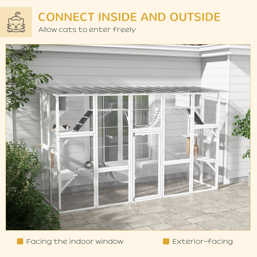 furniture-style Catio Window Box Enclosure with Roof, Shelves & Bridges for Outdoor Cat Play