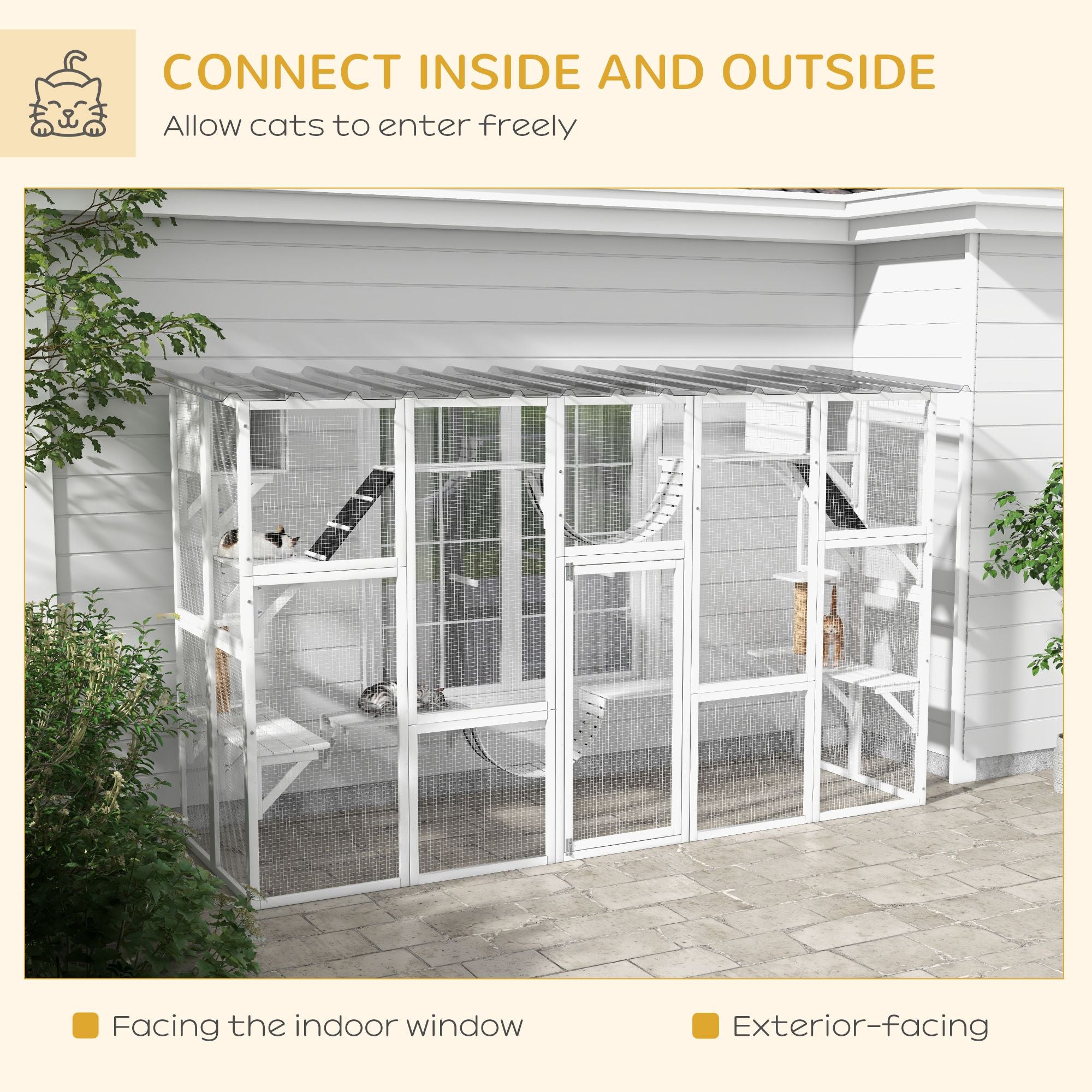 furniture-style Catio Window Box Enclosure with Roof, Shelves & Bridges for Outdoor Cat Play