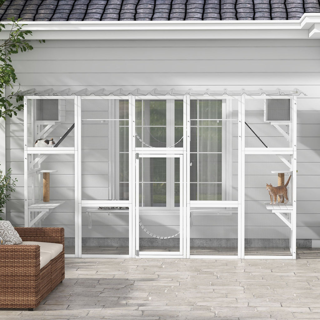 furniture-style Catio Window Box Enclosure with Roof, Shelves & Bridges for Outdoor Cat Play