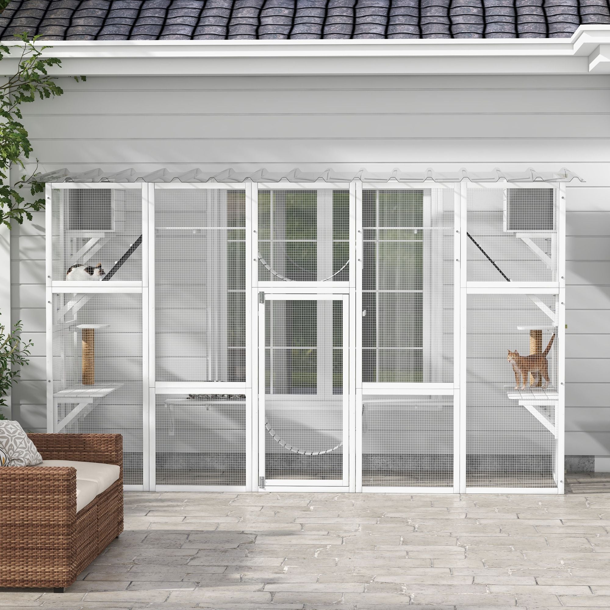 furniture-style Catio Window Box Enclosure with Roof, Shelves & Bridges for Outdoor Cat Play