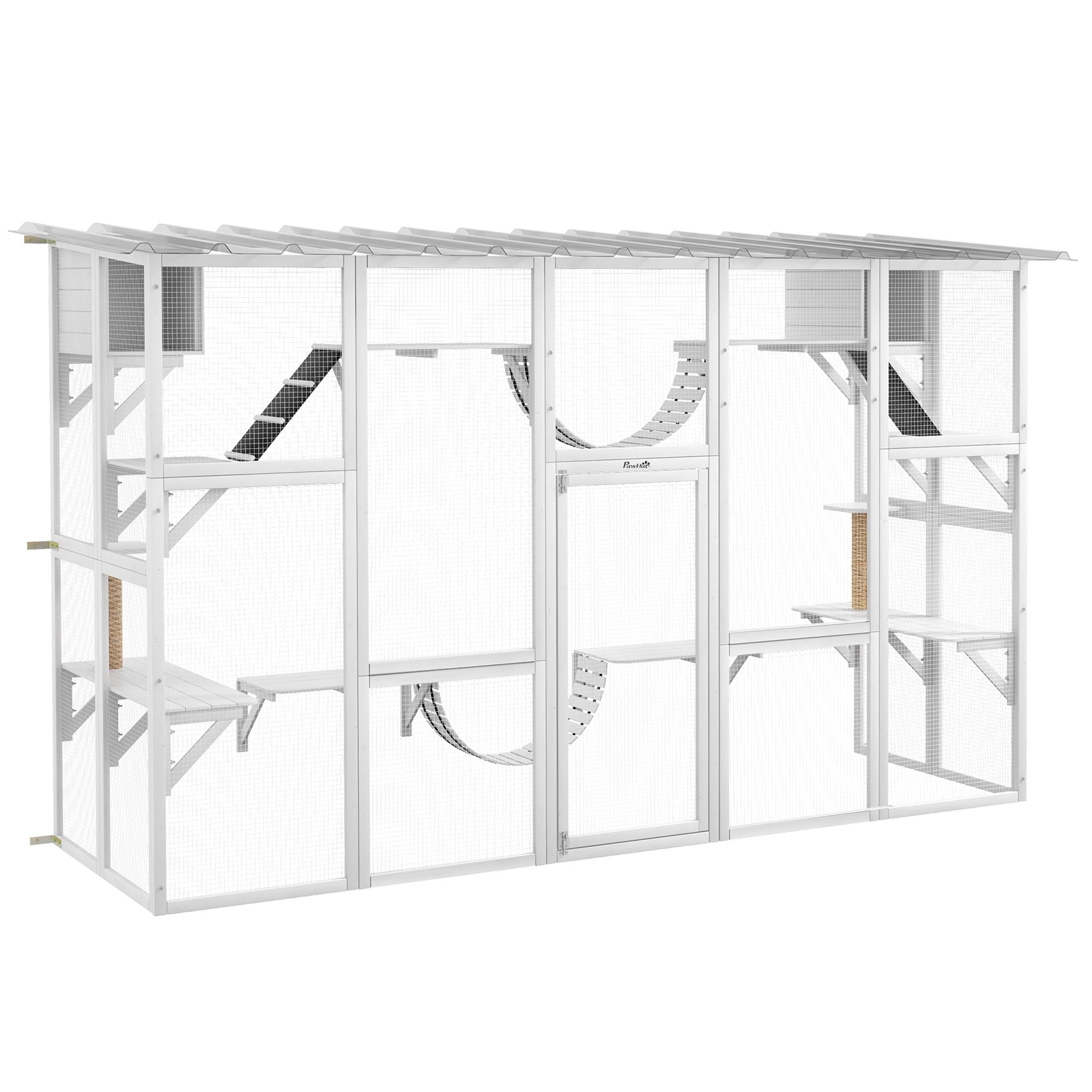 furniture-style Catio Window Box Enclosure with Roof, Shelves & Bridges for Outdoor Cat Play