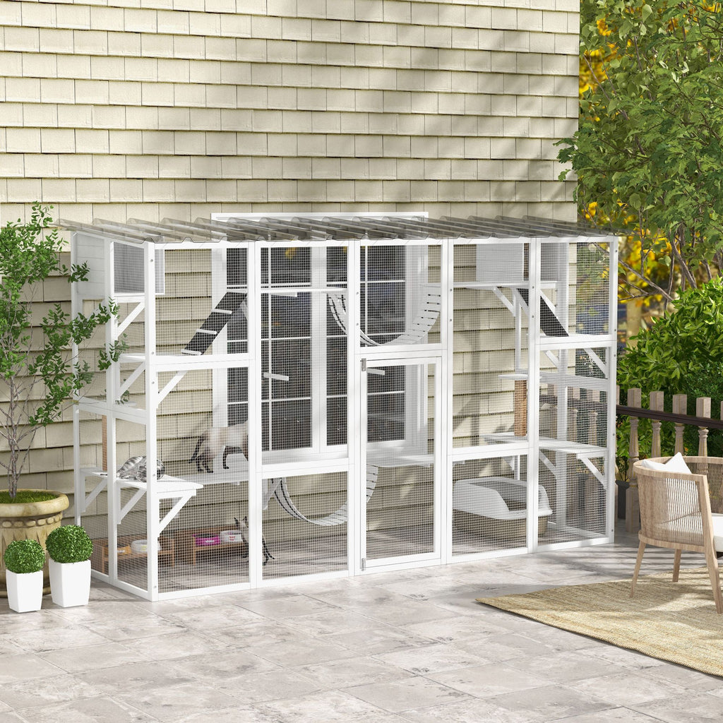 furniture-style Catio Window Box Enclosure with Roof, Shelves & Bridges for Outdoor Cat Play
