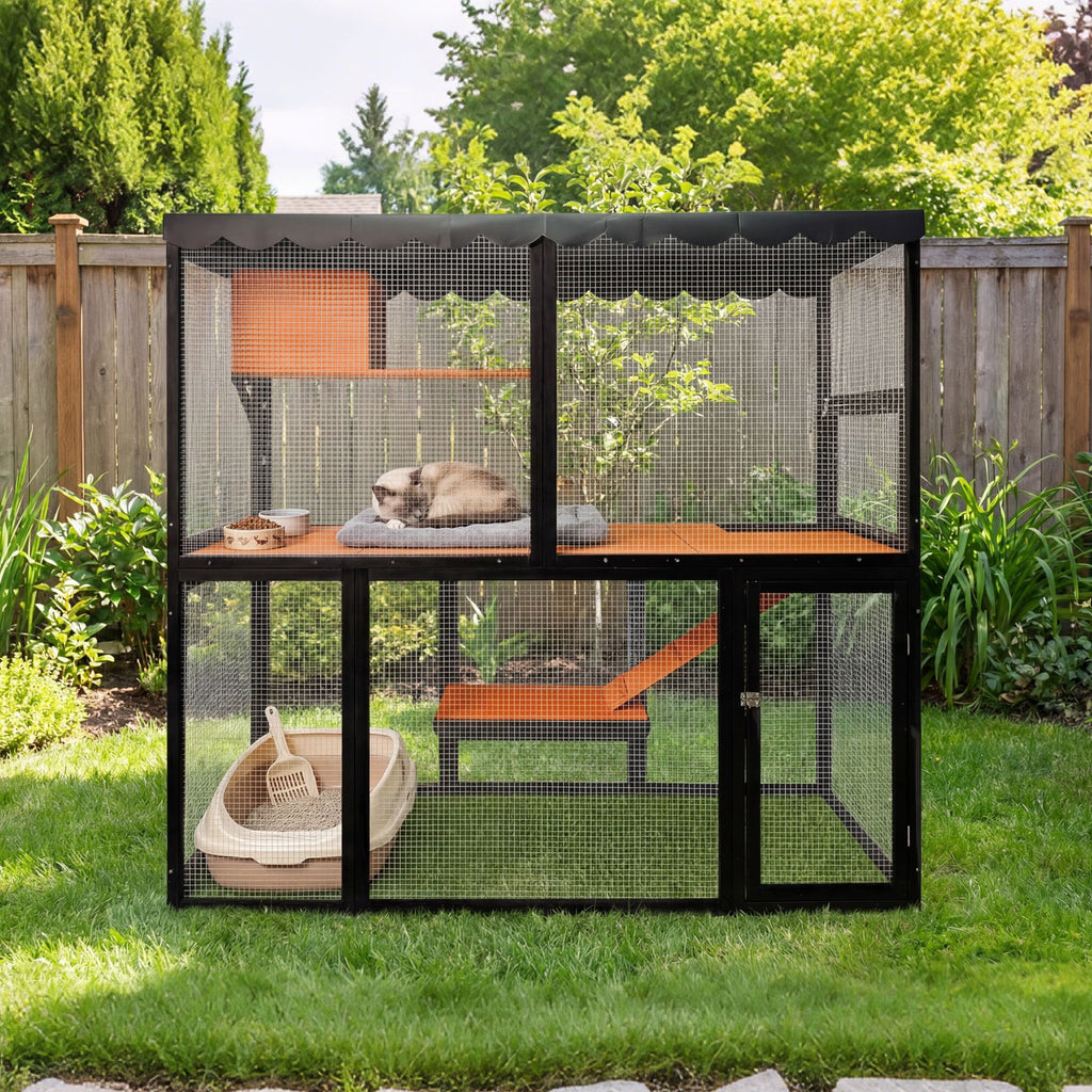 Luxury furniture-style 4-Tier Catio for Outdoor/Indoor Use with water-ready Cover and Ramp