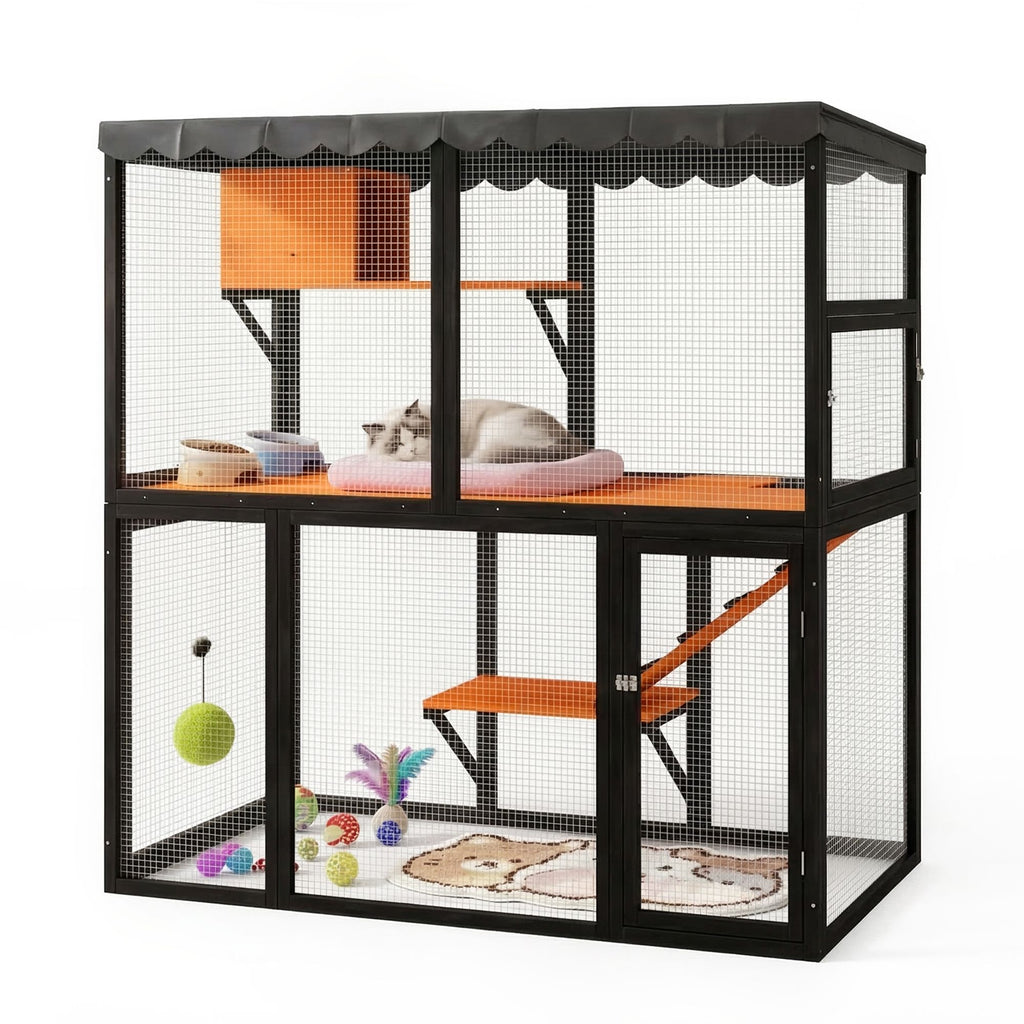 Luxury furniture-style 4-Tier Catio for Outdoor/Indoor Use with water-ready Cover and Ramp