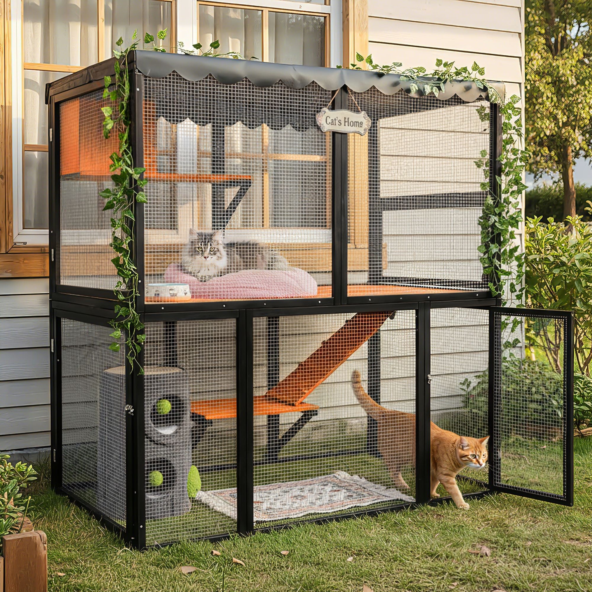 Luxury furniture-style 4-Tier Catio for Outdoor/Indoor Use with water-ready Cover and Ramp