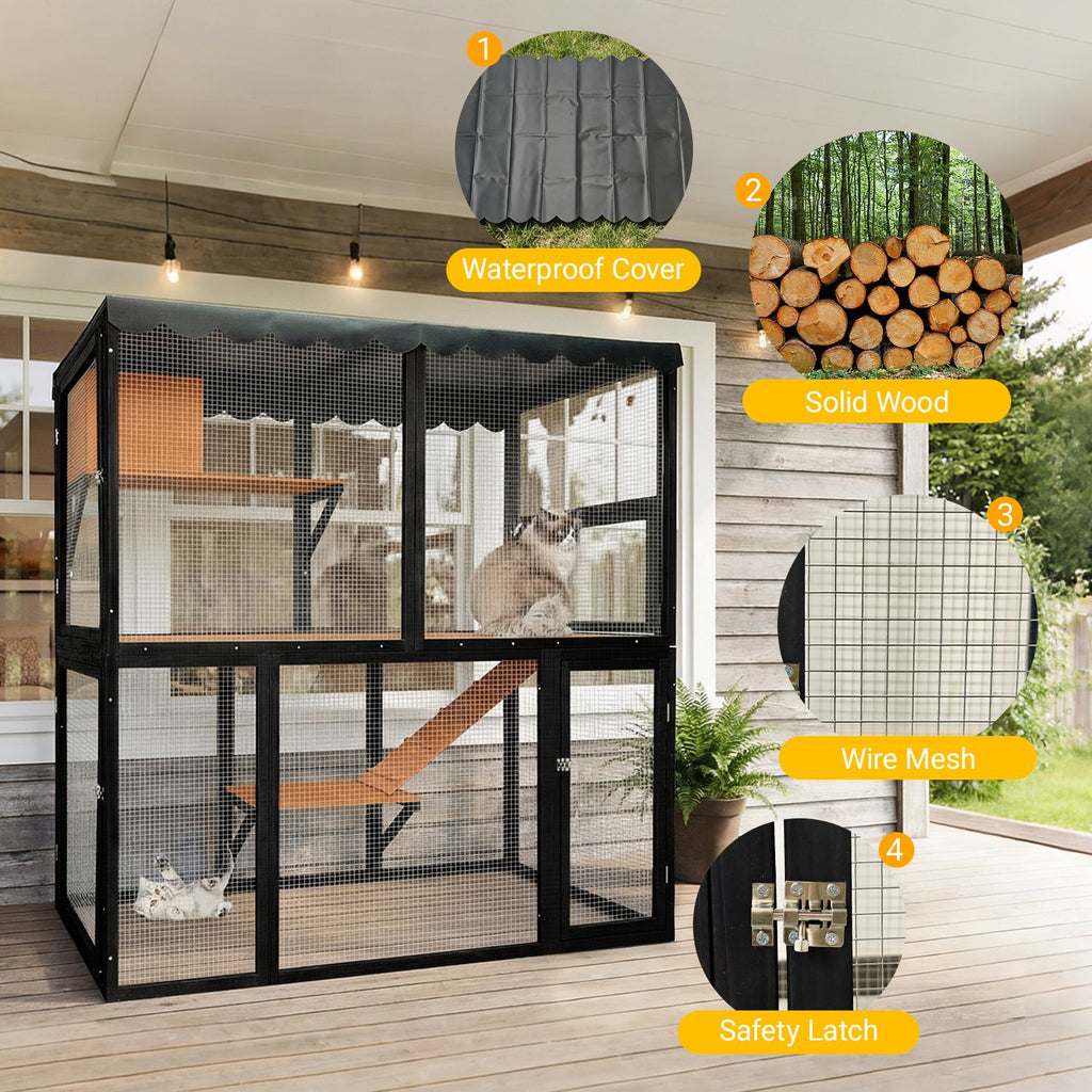 Luxury furniture-style 4-Tier Catio for Outdoor/Indoor Use with water-ready Cover and Ramp