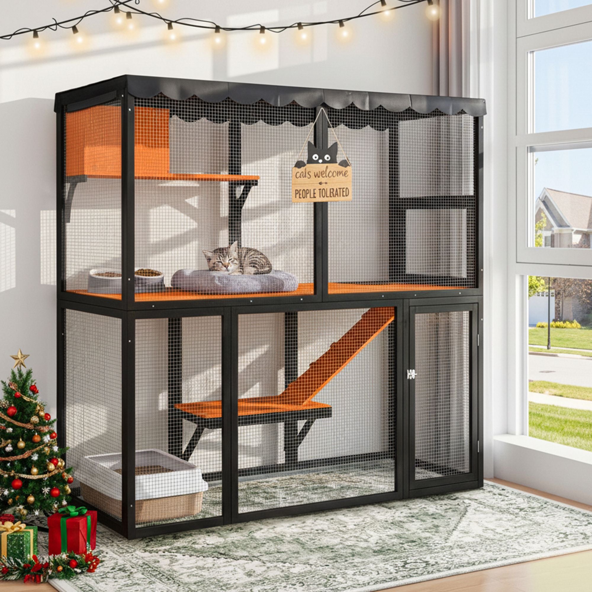 Luxury furniture-style 4-Tier Catio for Outdoor/Indoor Use with water-ready Cover and Ramp