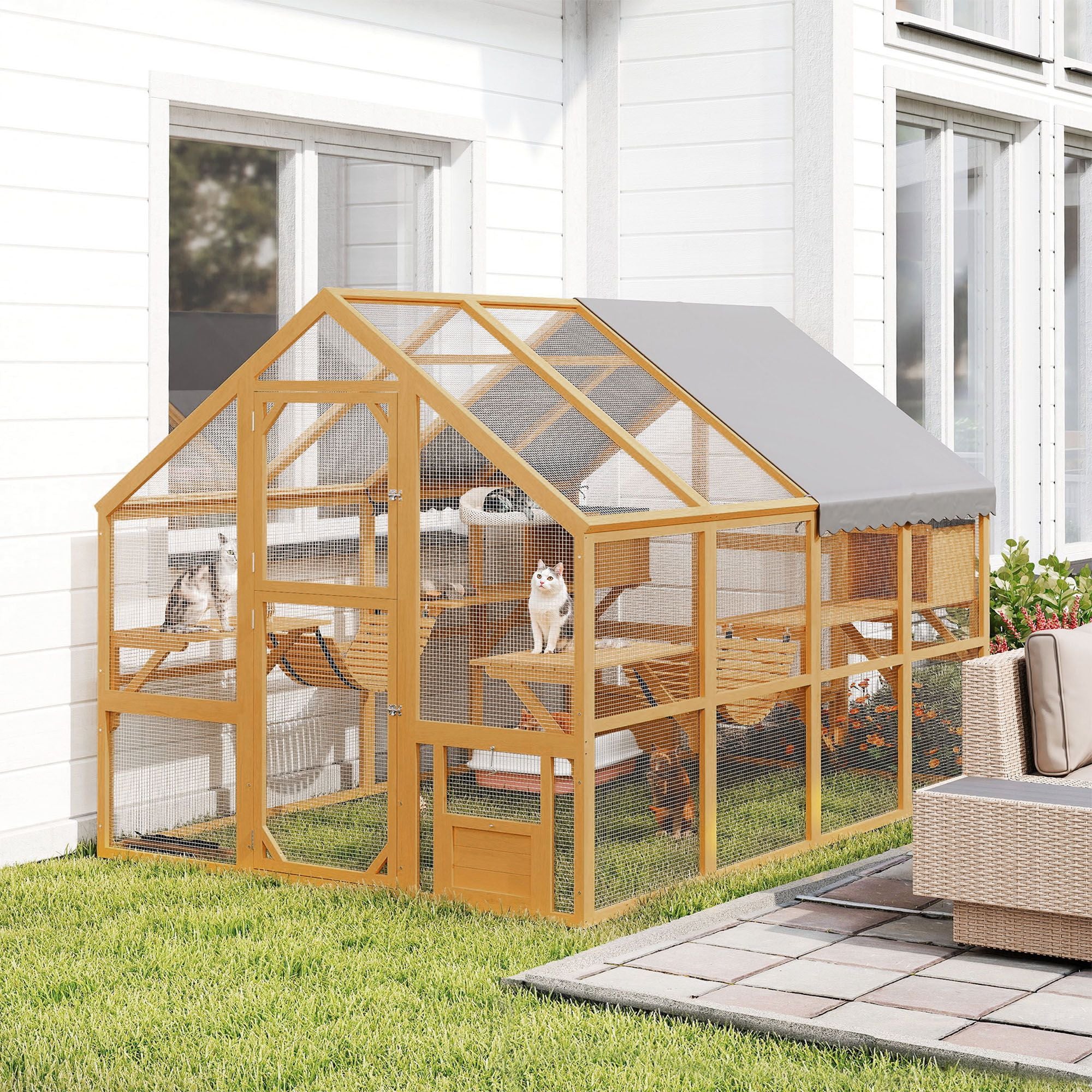 furniture-style Catio with water-ready Cover - Large Outdoor Cat Enclosure for 3-6 Cats