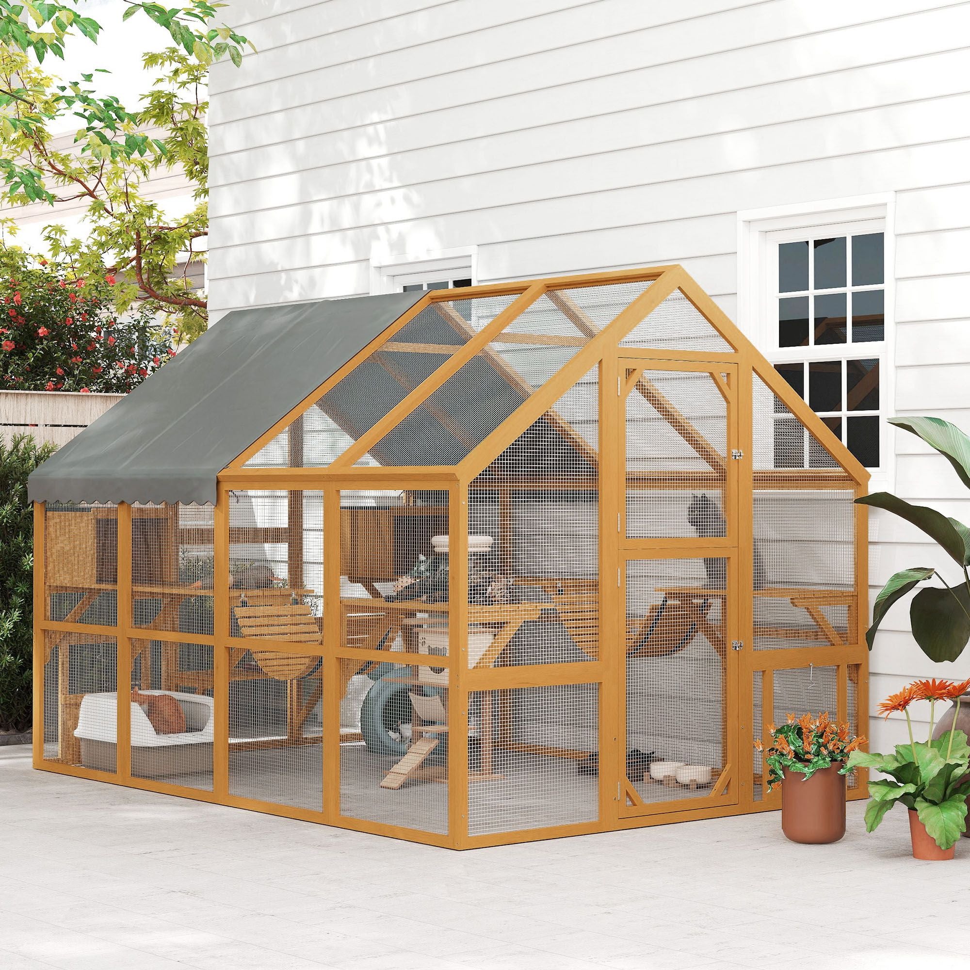 furniture-style Catio with water-ready Cover - Large Outdoor Cat Enclosure for 3-6 Cats