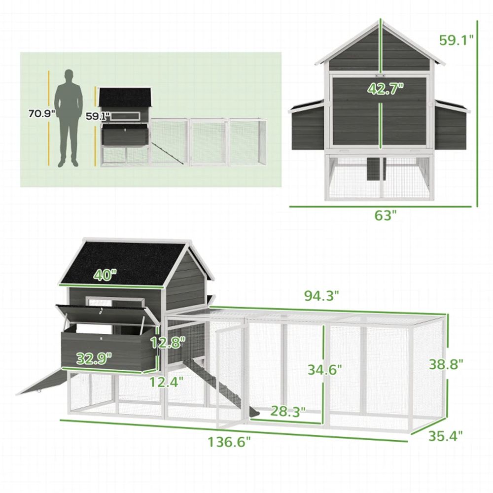 Dark Gray furniture-style Chicken Coop with Run – Elevated Design for Happy Hens