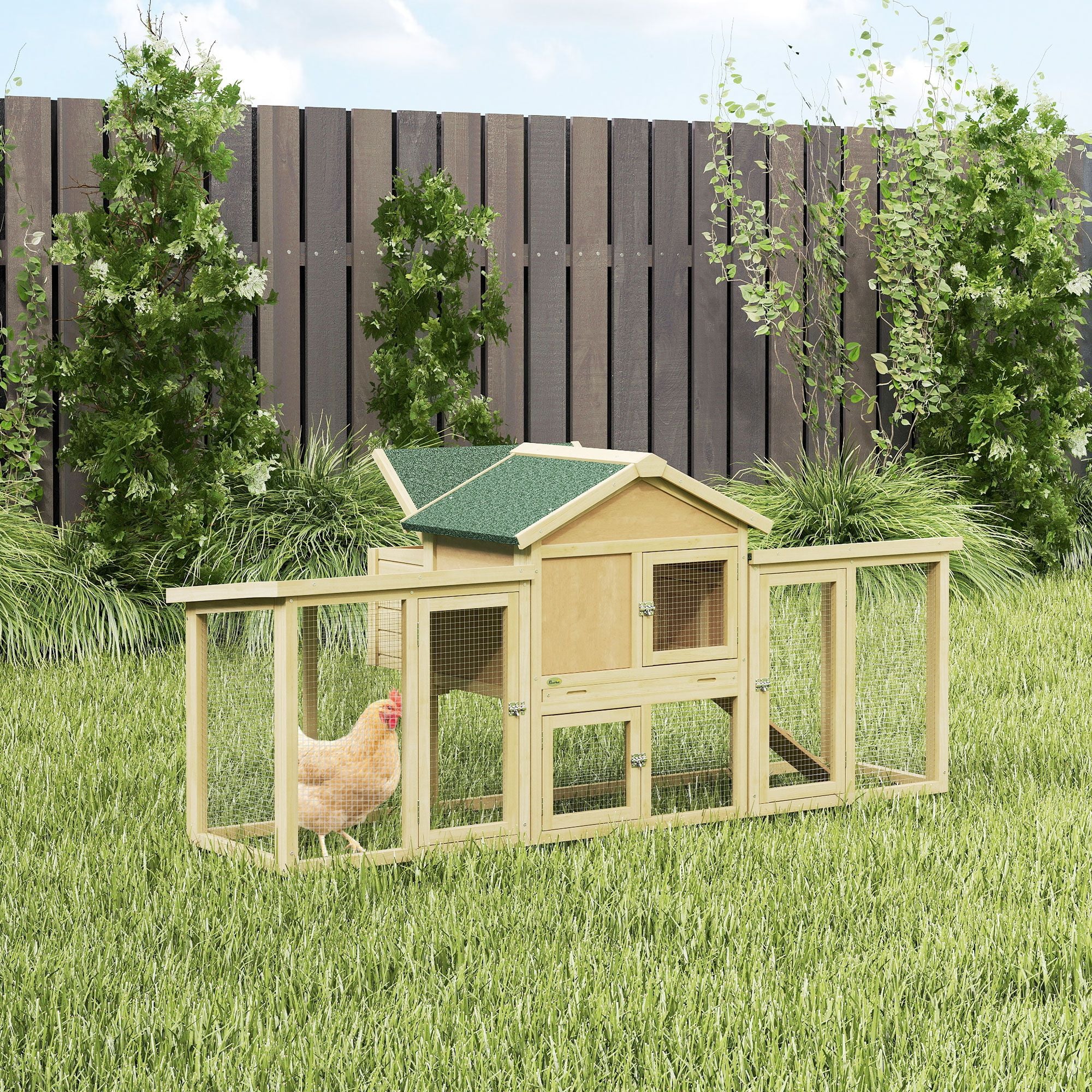 furniture-style Chicken Coop with Nesting Box, Double Runs, & Removable Tray