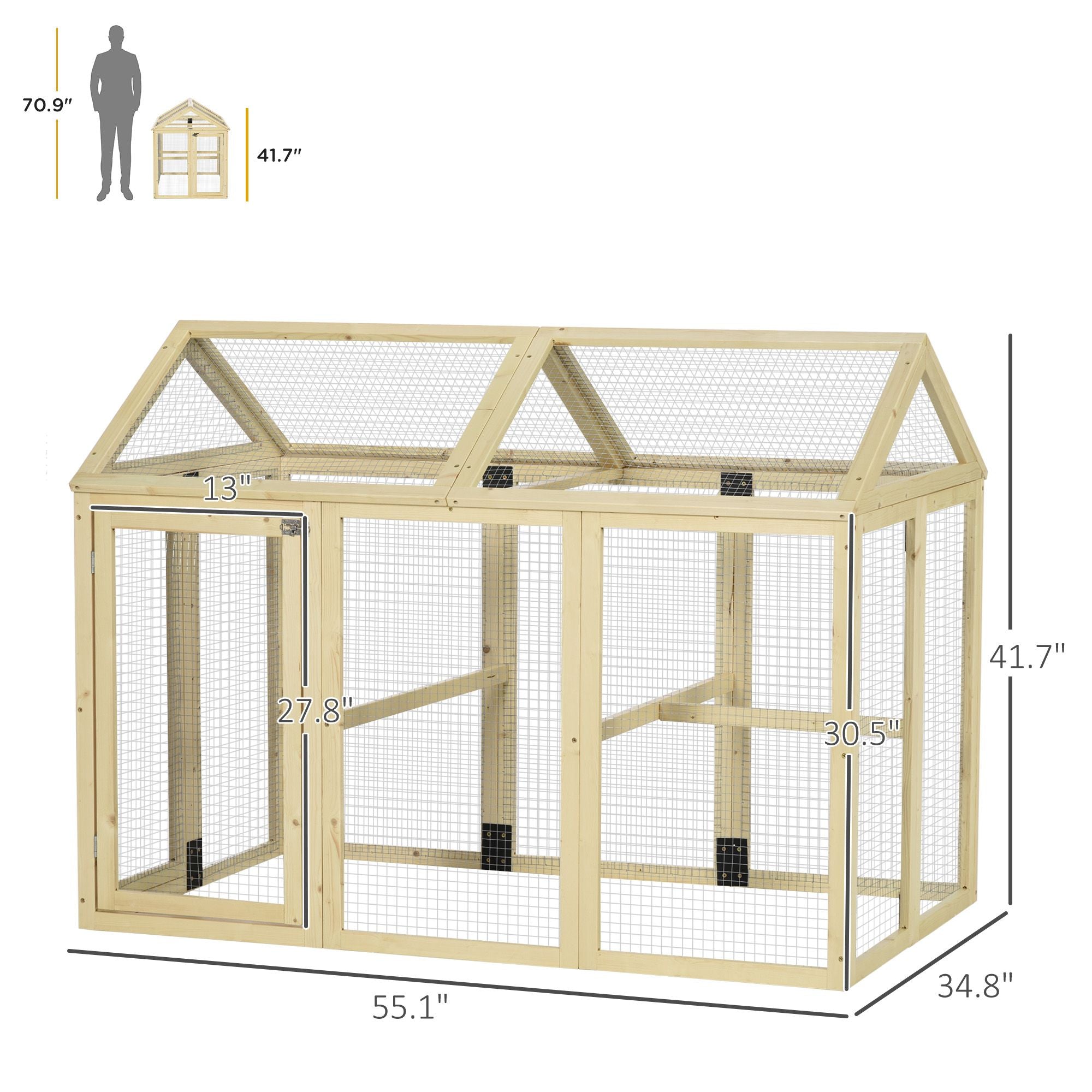 Wooden Chicken Run, Combinable Design with Perches, 4.6' x 2.8', Nature Wood