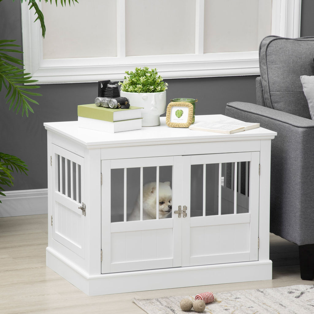 PawHut furniture-style Dog Crate End Table with Triple Doors and Magnetic Closure, White