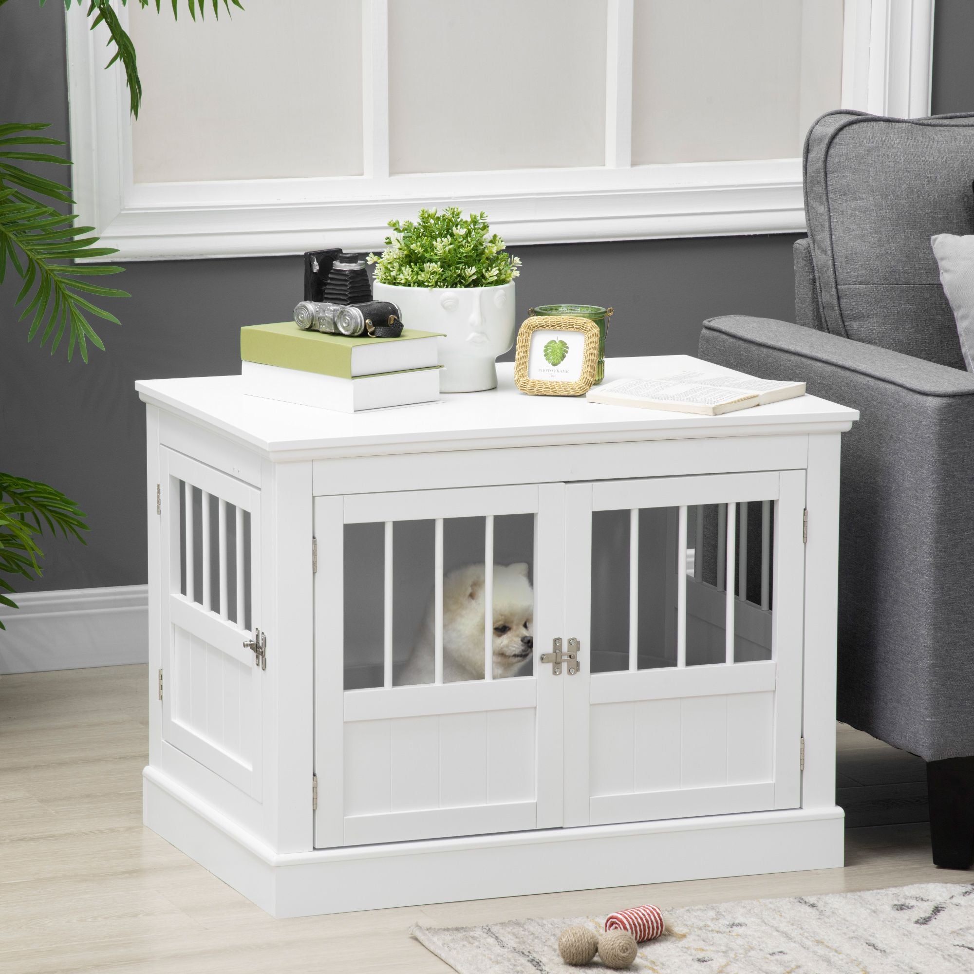 PawHut furniture-style Dog Crate End Table with Triple Doors and Magnetic Closure, White