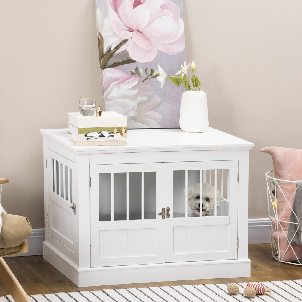 PawHut furniture-style Dog Crate End Table with Triple Doors and Magnetic Closure, White