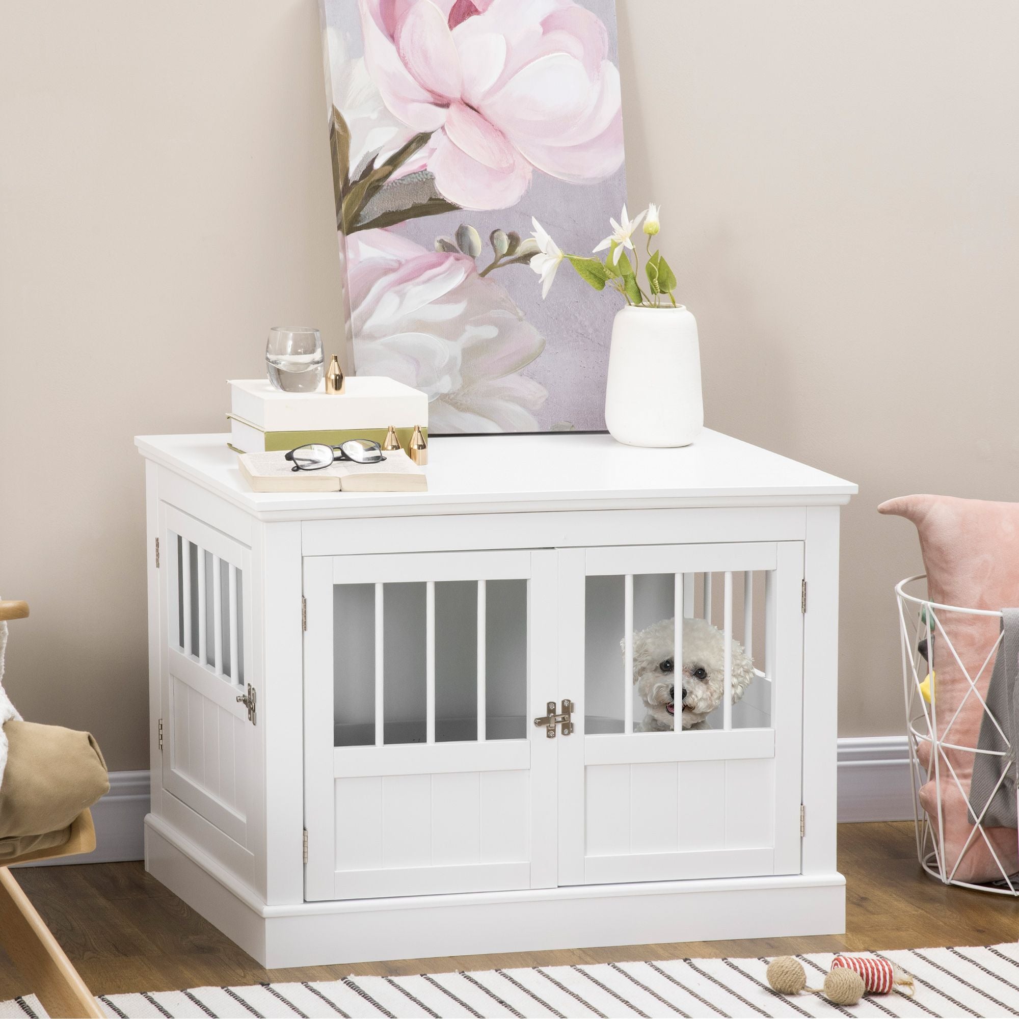 PawHut furniture-style Dog Crate End Table with Triple Doors and Magnetic Closure, White