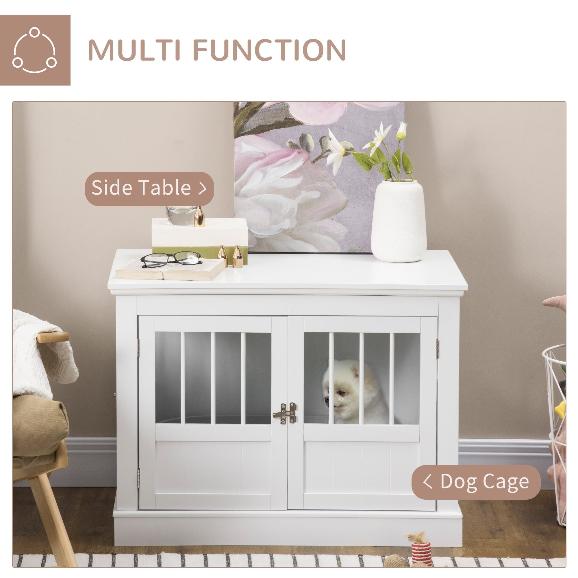 PawHut furniture-style Dog Crate End Table with Triple Doors and Magnetic Closure, White