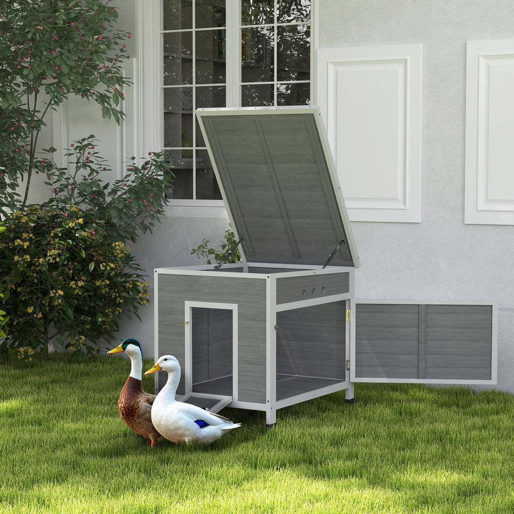 Wooden Duck Coop with Openable Roof, Removable Floor, Double Doors, Ramp, for 2-4 Ducks, Chickens, 25" x 32" x 30"