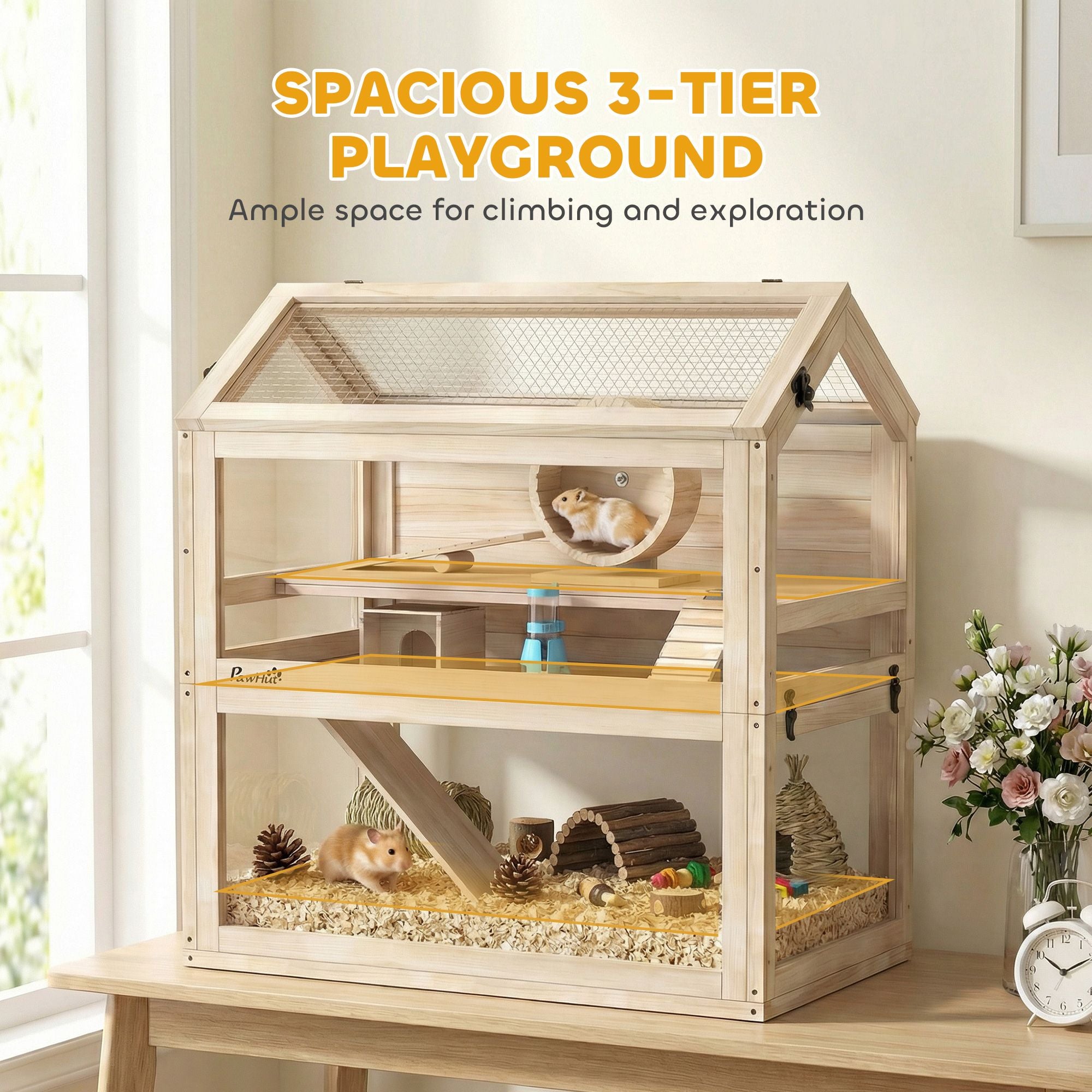 Spacious 3-Tier furniture-style Hamster Cage with Playground, Wheel & Seesaw