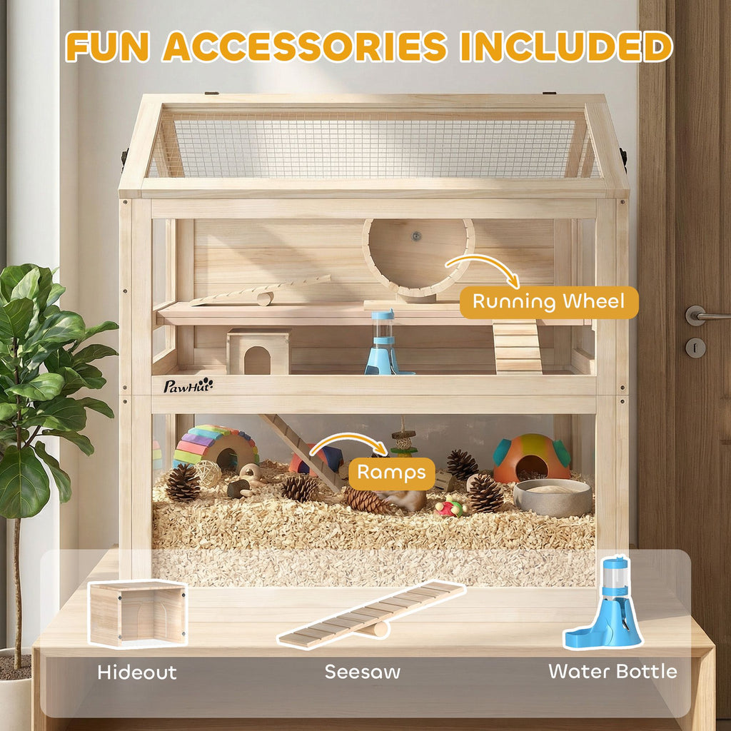 Spacious 3-Tier furniture-style Hamster Cage with Playground, Wheel & Seesaw