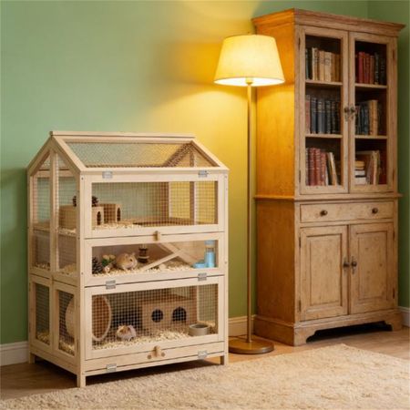 Three-Level furniture-style Hamster Habitat with Clear Panels & Removable Divider