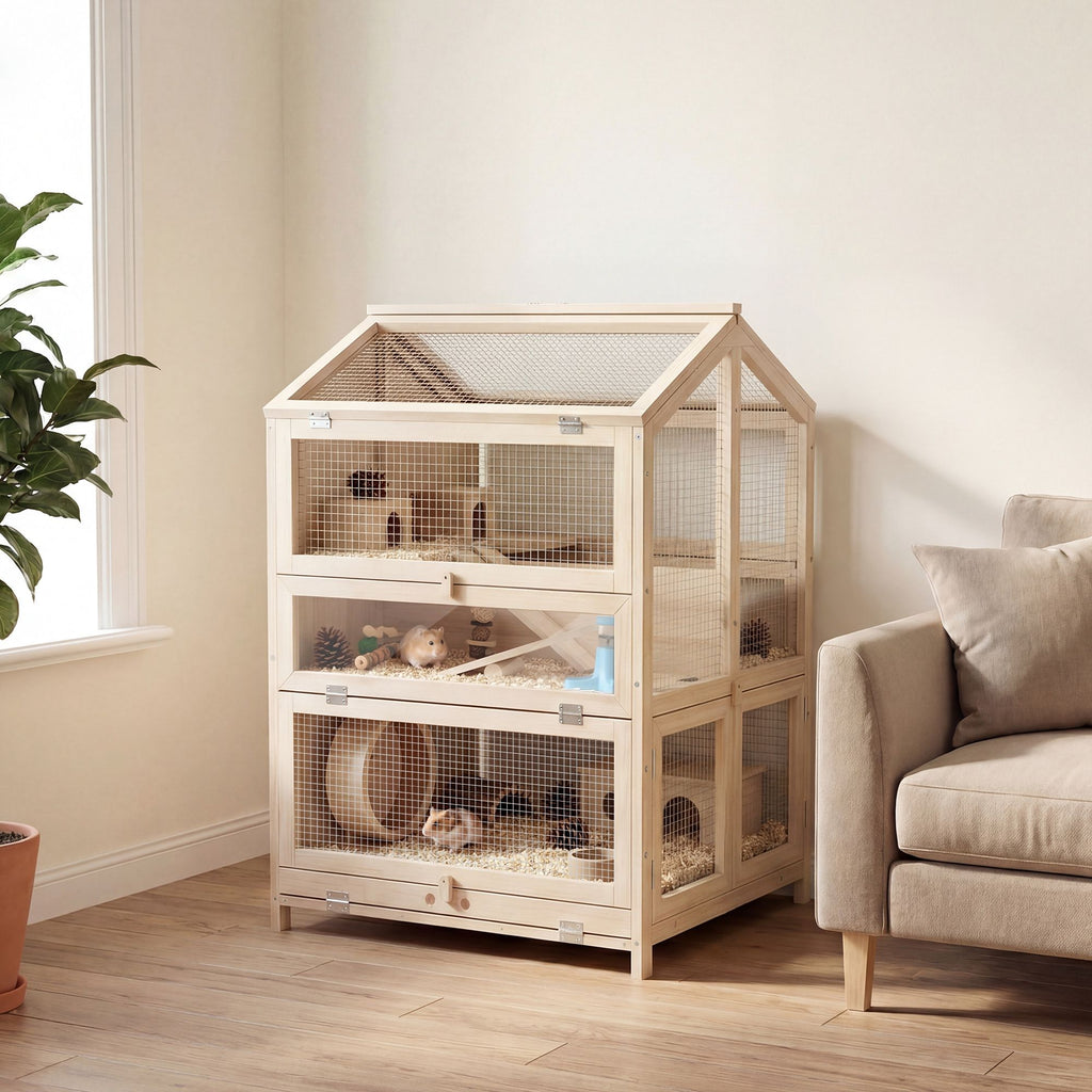 3-Tier furniture-style Hamster Cage with Pull-Out Tray and Openable Top