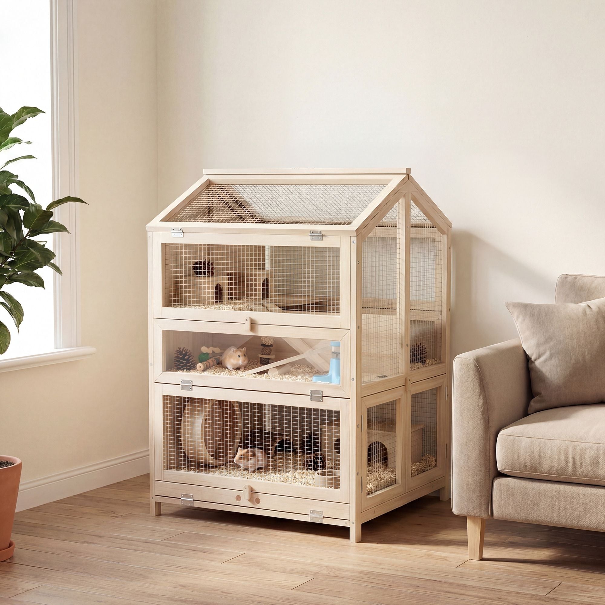 3-Tier furniture-style Hamster Cage with Pull-Out Tray and Openable Top