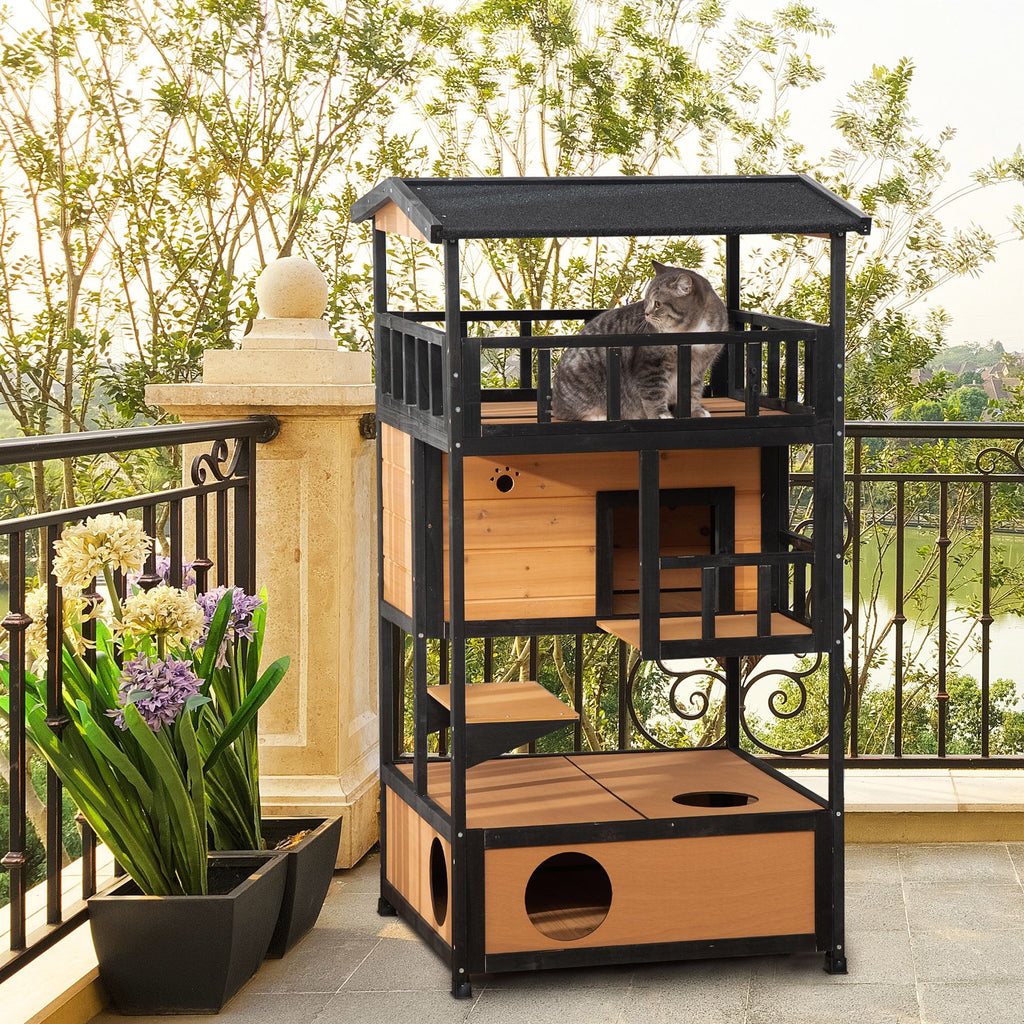 furniture-style Outdoor Cat House with Asphalt Roof & Escape Doors