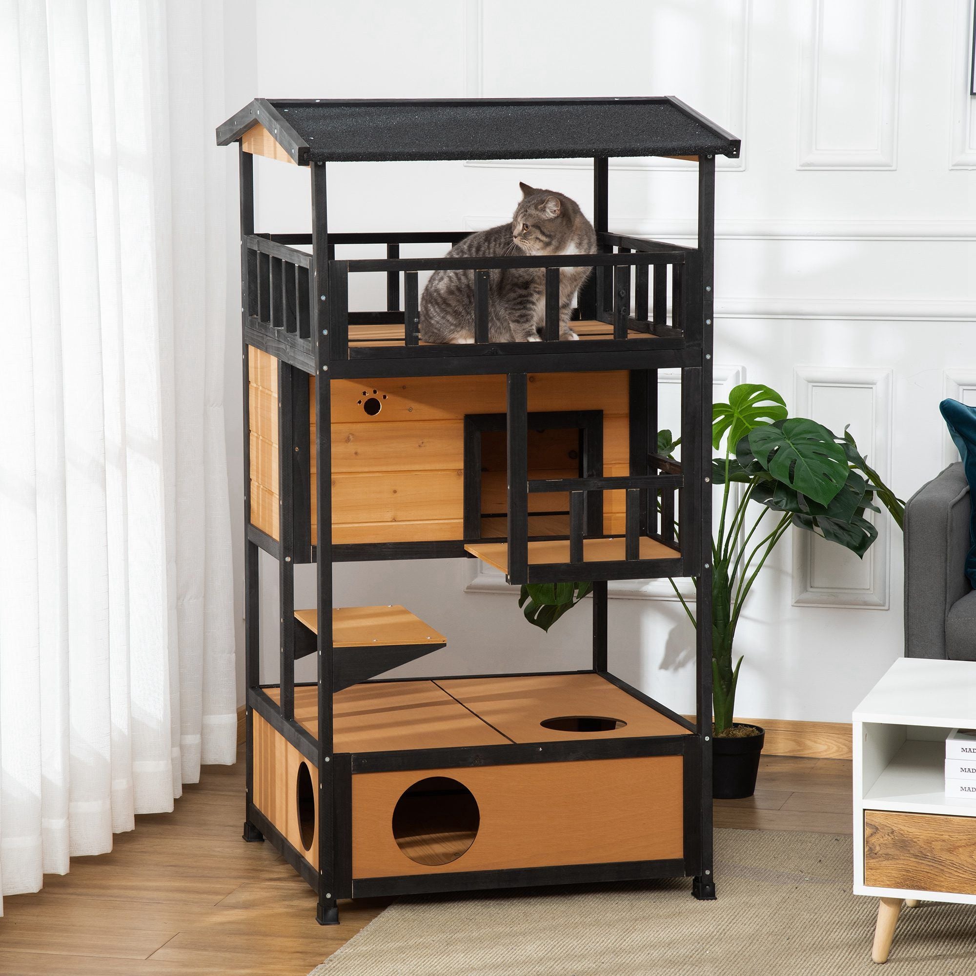 furniture-style Outdoor Cat House with Asphalt Roof & Escape Doors