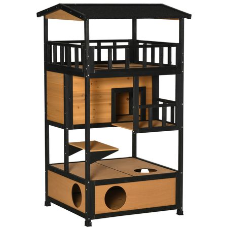 furniture-style Outdoor Cat House with Asphalt Roof & Escape Doors