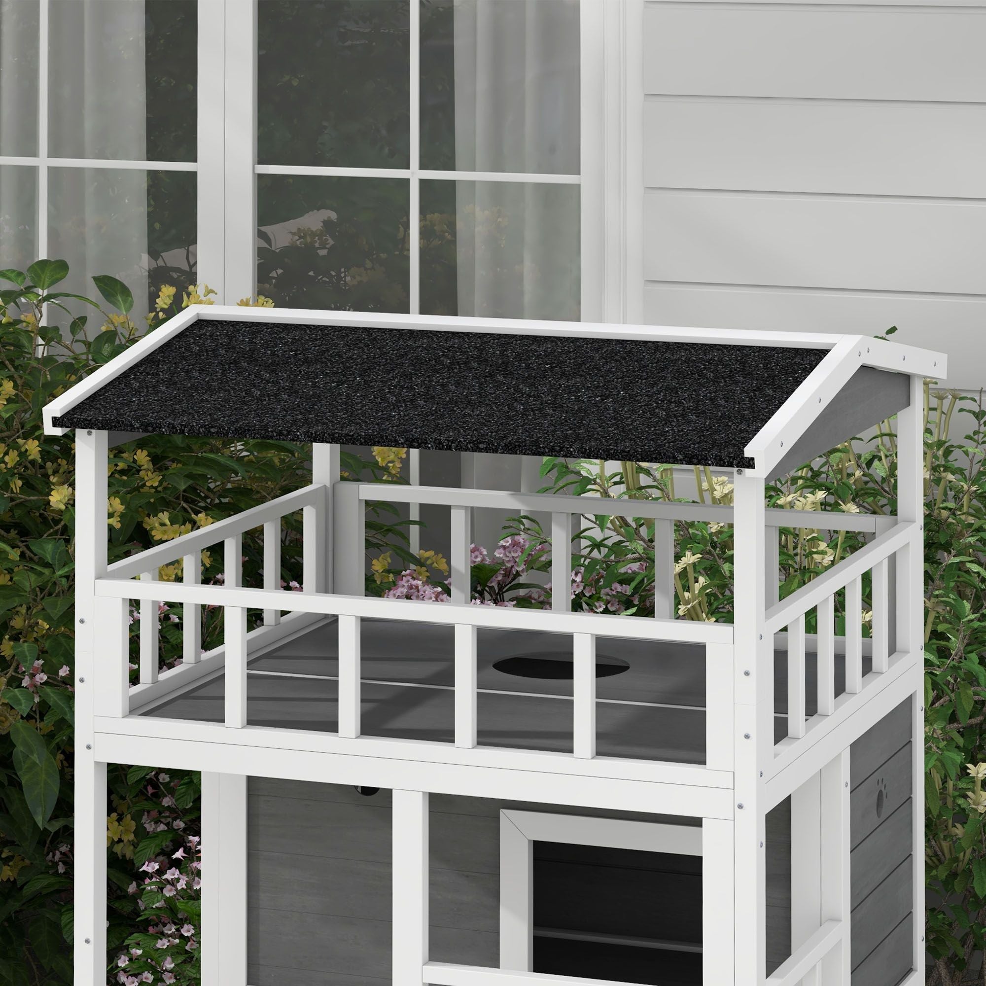 furniture-style Outdoor Cat House with Asphalt Roof and Escape Doors