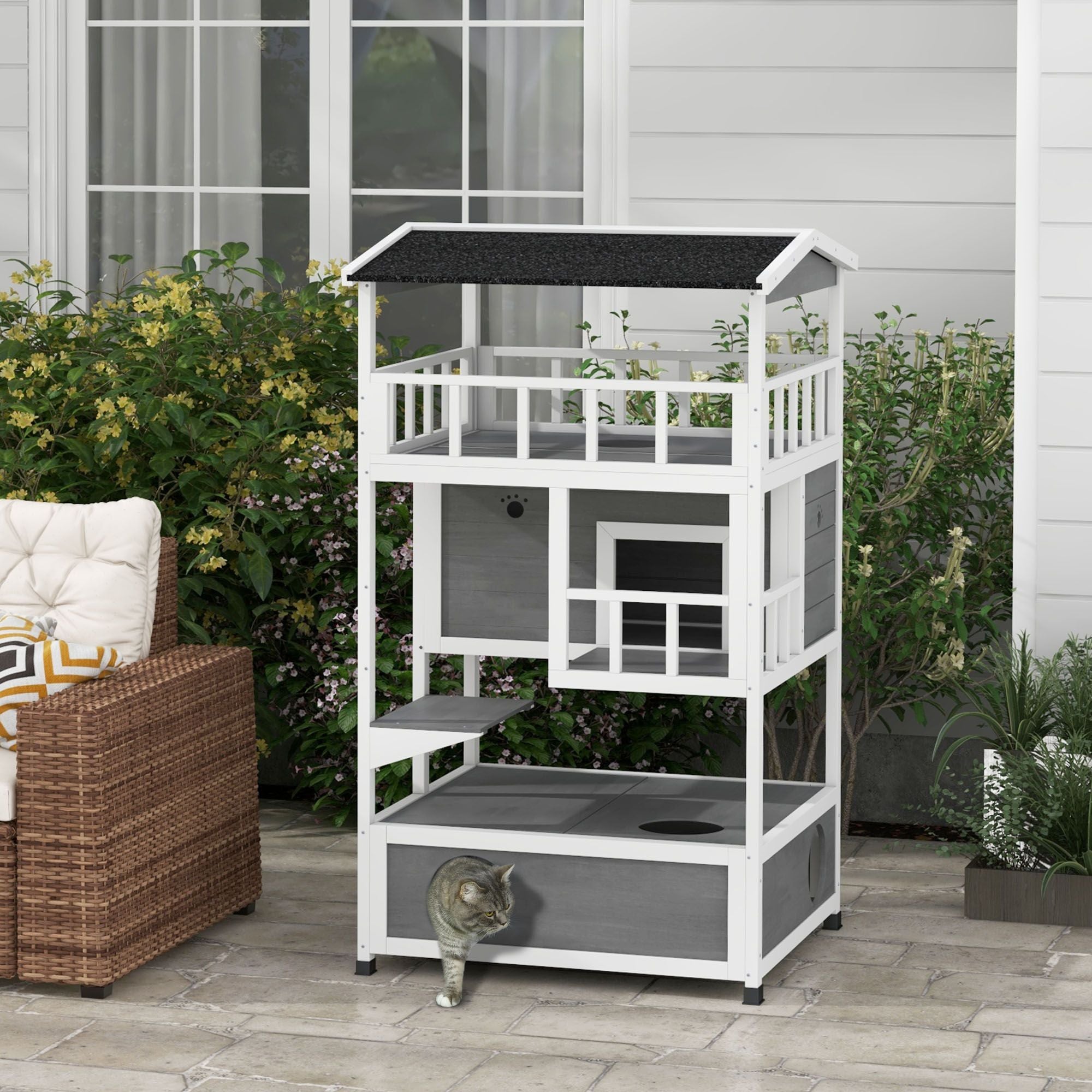 furniture-style Outdoor Cat House with Asphalt Roof and Escape Doors