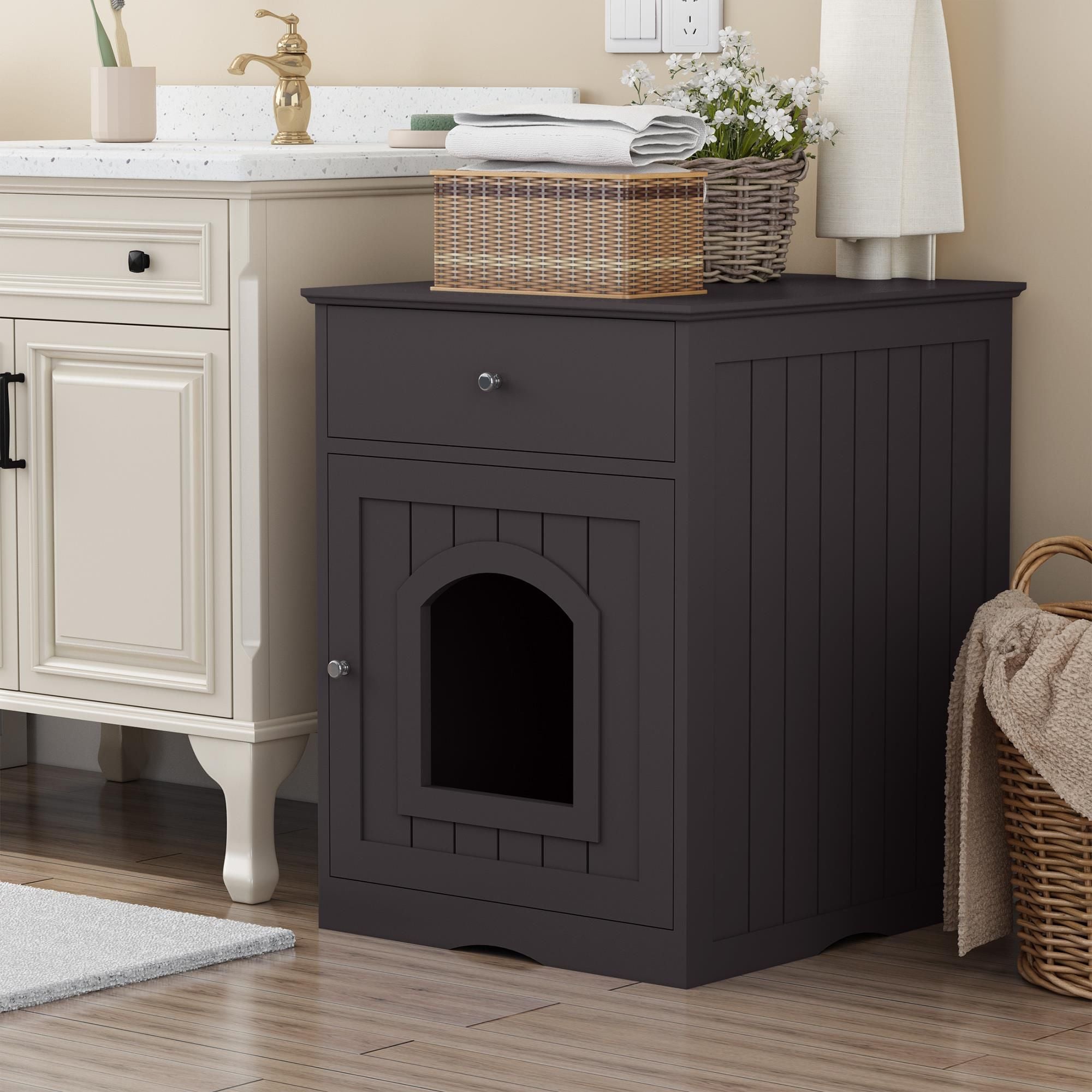 furniture-style Cat Litter Box Enclosure with Drawer – Side Table Design