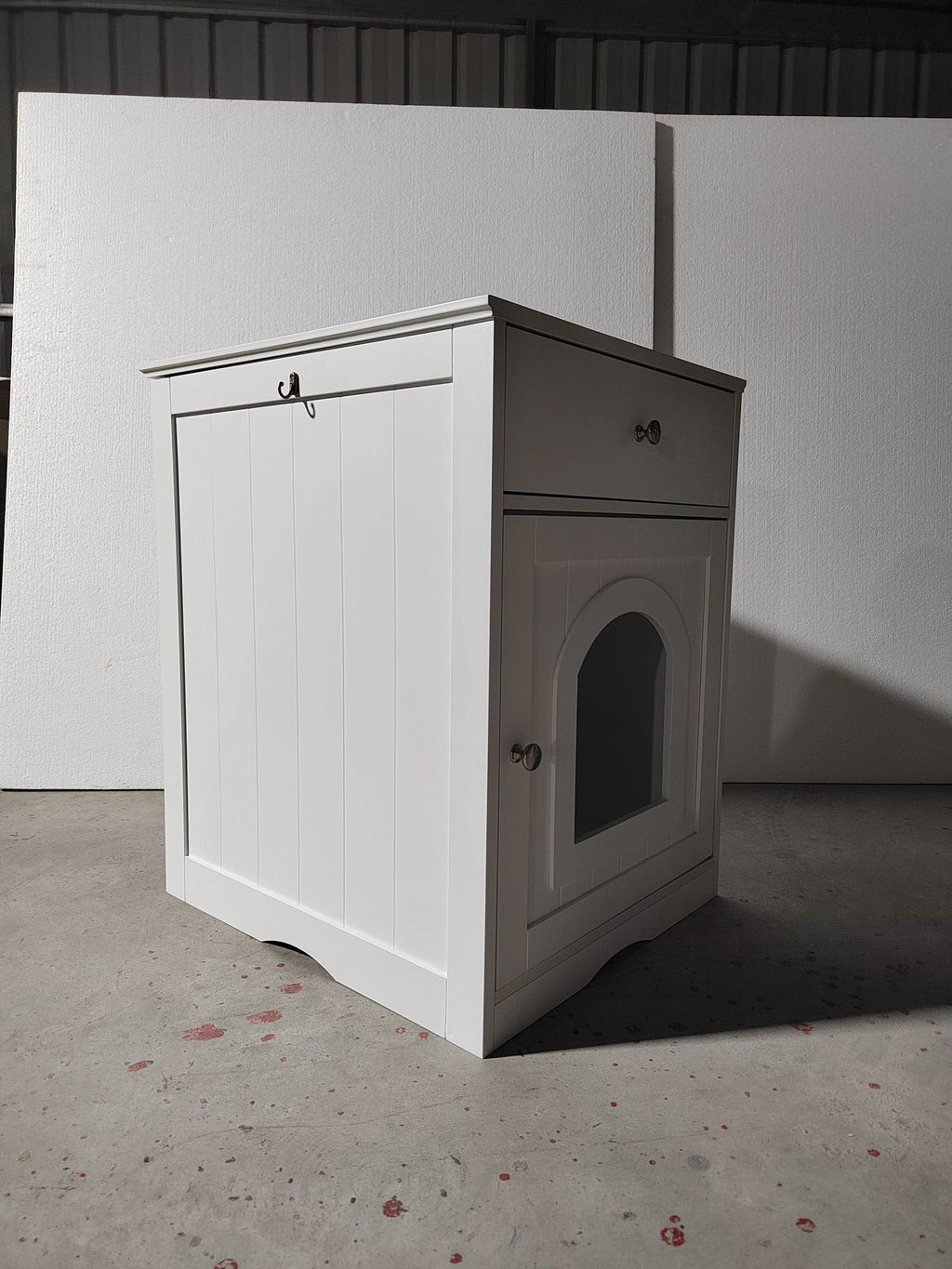 Stylish Wooden Cat Litter Box Enclosure with Drawer and Side Table – White