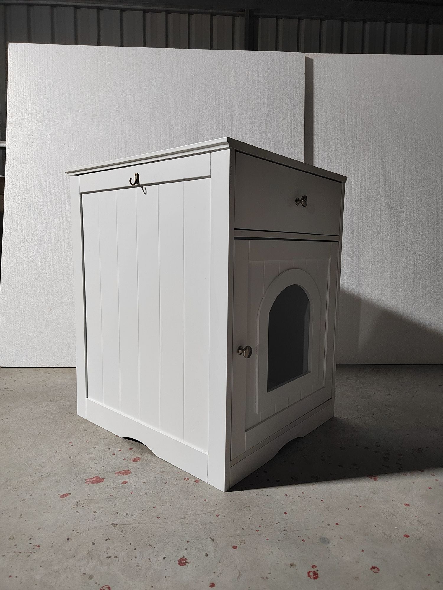 Stylish Wooden Cat Litter Box Enclosure with Drawer and Side Table – White
