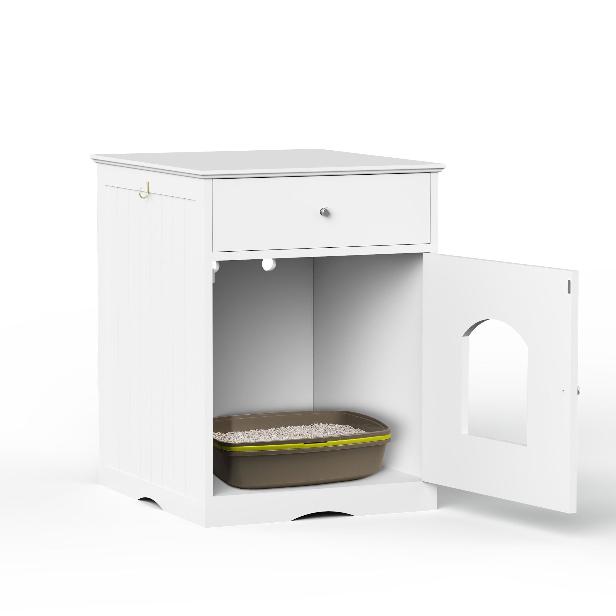 Stylish Wooden Cat Litter Box Enclosure with Drawer and Side Table – White