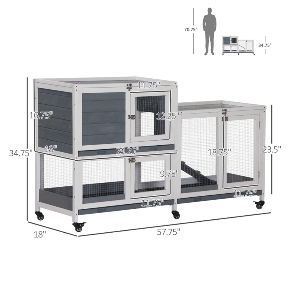 Two-Story Fir furniture-style Rabbit Hutch with Wheels and Non-Slip Ramp