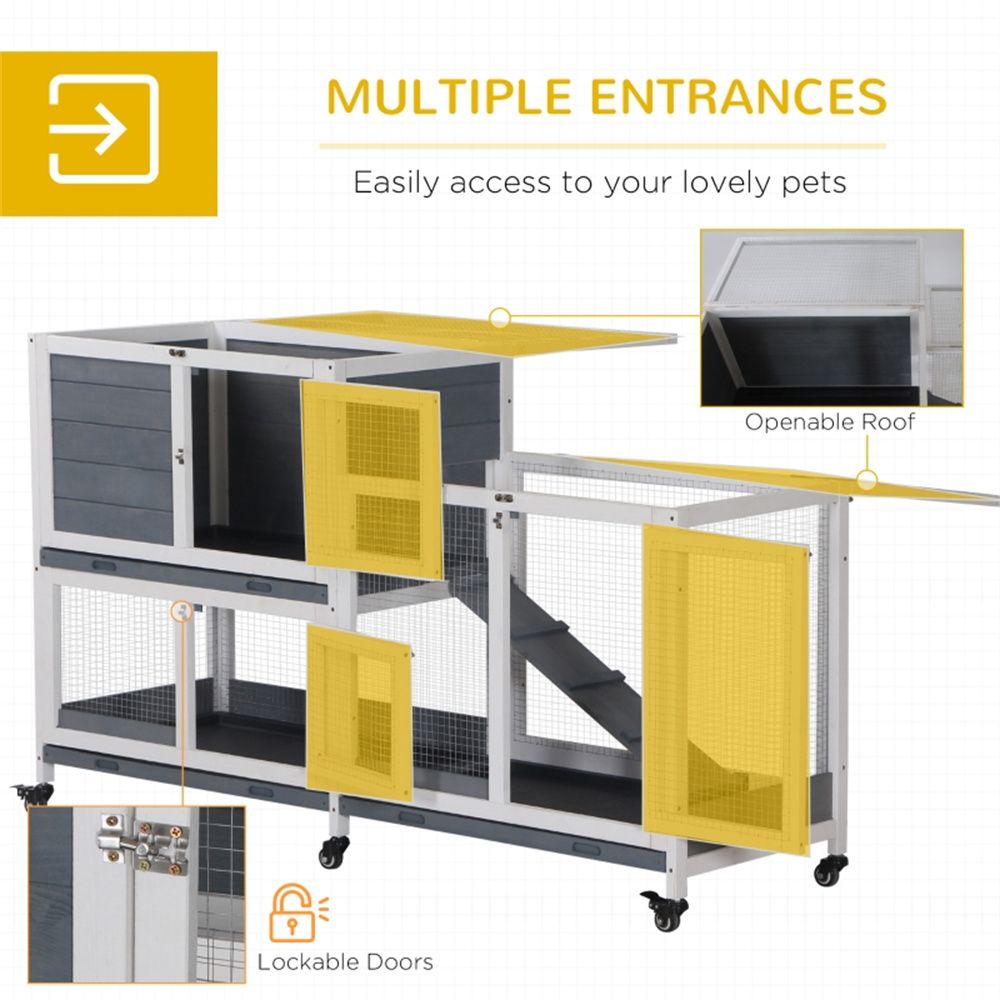 Two-Story Fir furniture-style Rabbit Hutch with Wheels and Non-Slip Ramp