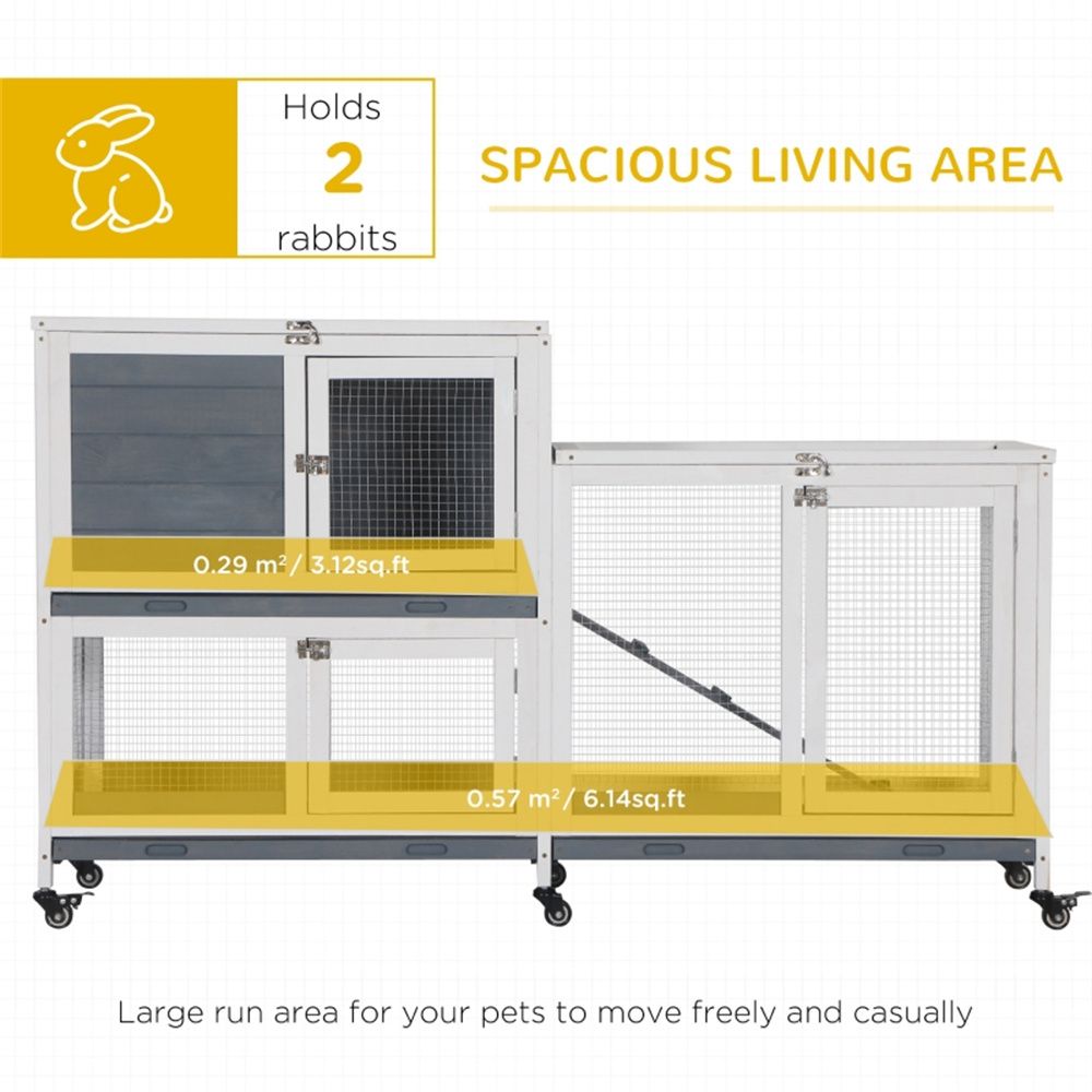 Two-Story Fir furniture-style Rabbit Hutch with Wheels and Non-Slip Ramp