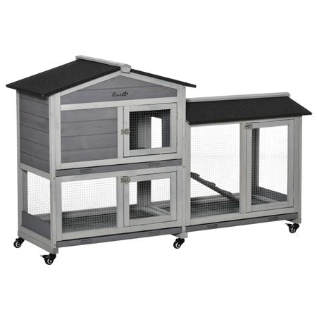 Light Gray furniture-style Rabbit Hutch with Wheels – Easy Mobility & Weather Protection
