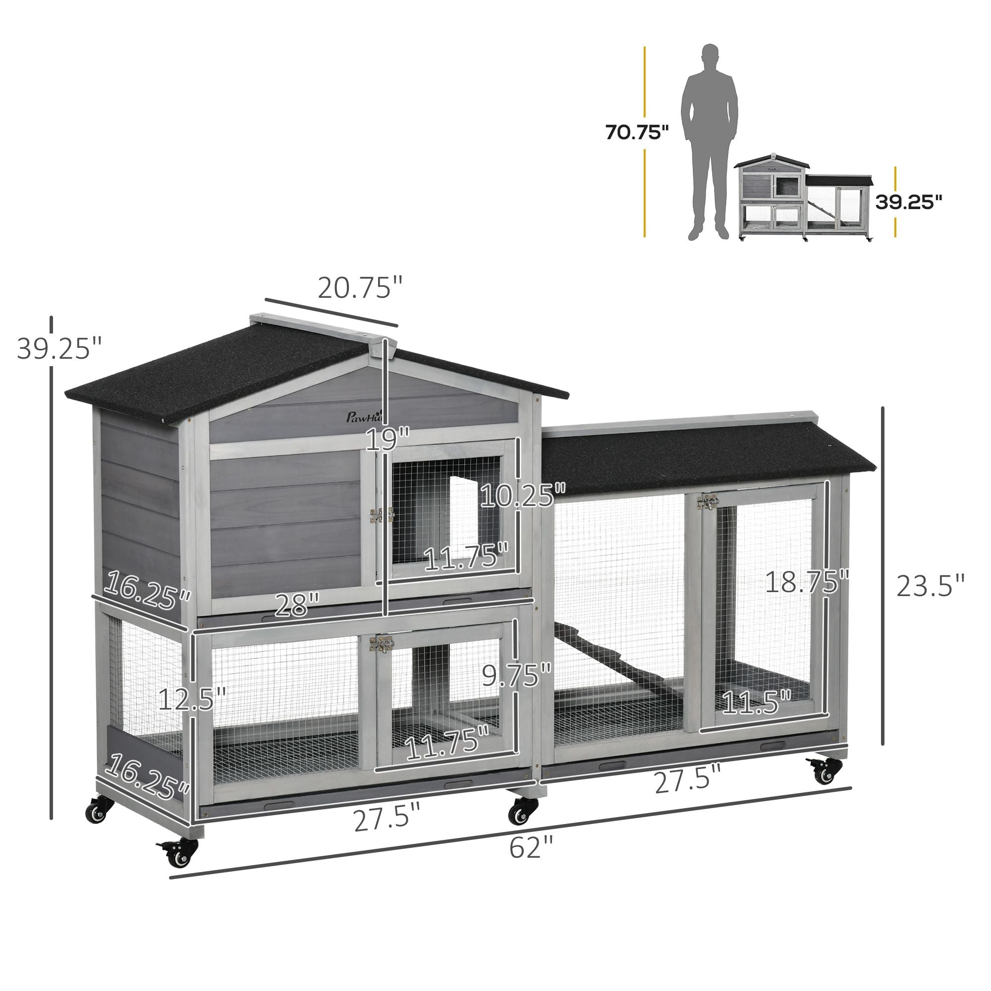 Light Gray furniture-style Rabbit Hutch with Wheels – Easy Mobility & Weather Protection