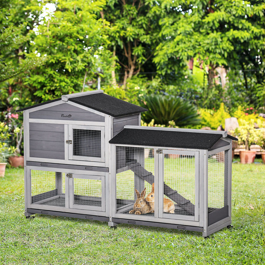 Light Gray furniture-style Rabbit Hutch with Wheels – Easy Mobility & Weather Protection