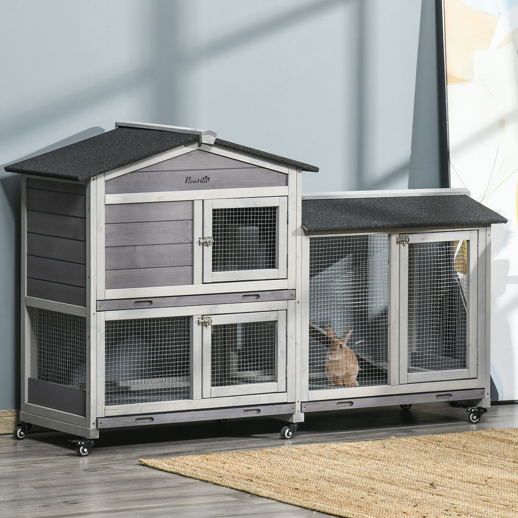 Light Gray furniture-style Rabbit Hutch with Wheels – Easy Mobility & Weather Protection